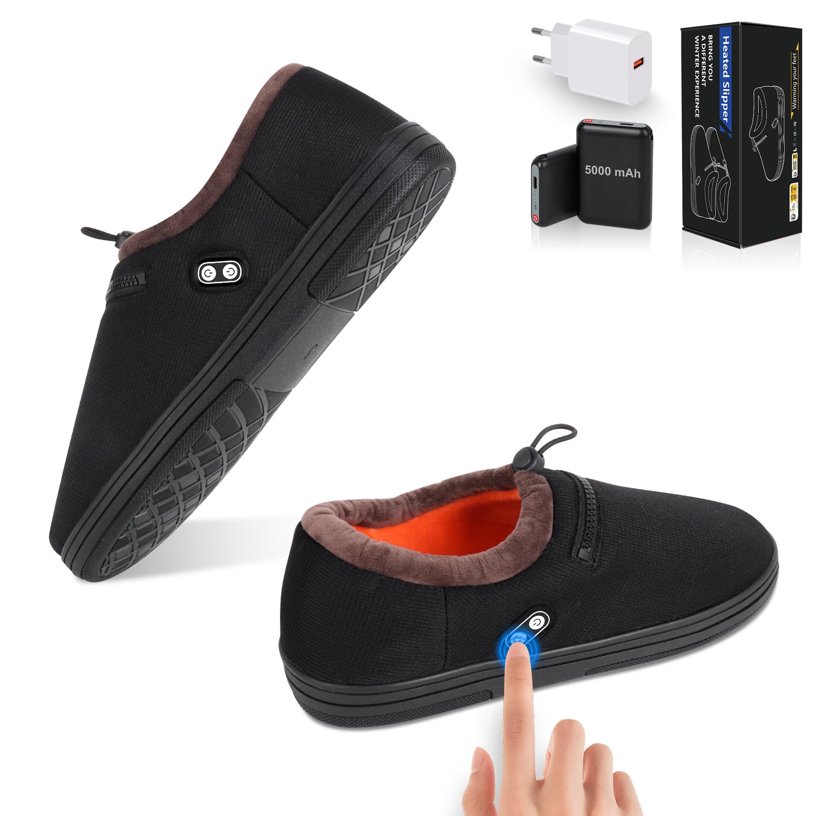 Chaussons Chauffants, Rtdep 5V 5000mAh Batterie Chaussons Chauffant, Contrôle à Double Interrupteur Chausson Chauffant Electrique,Chaussons Chauffants Homme Femme