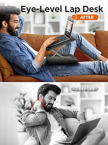 Miniatura 2 de SAIJI Escritorio de regazo para laptop a nivel de ojos soporte ajustable para laptop, altura y ángulo ajustable, soporte para teléfono, superficie
