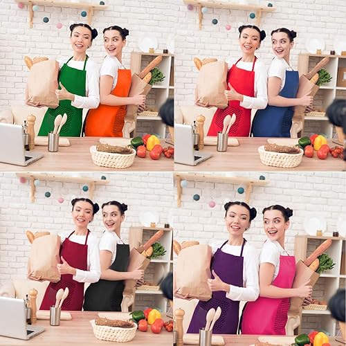Miniatura 7 de Total 9 delantales de color liso para adultos, mujeres, unisex, duradero, cómodo, con 2 bolsillos delanteros, lavables, para cocinar, hornear,