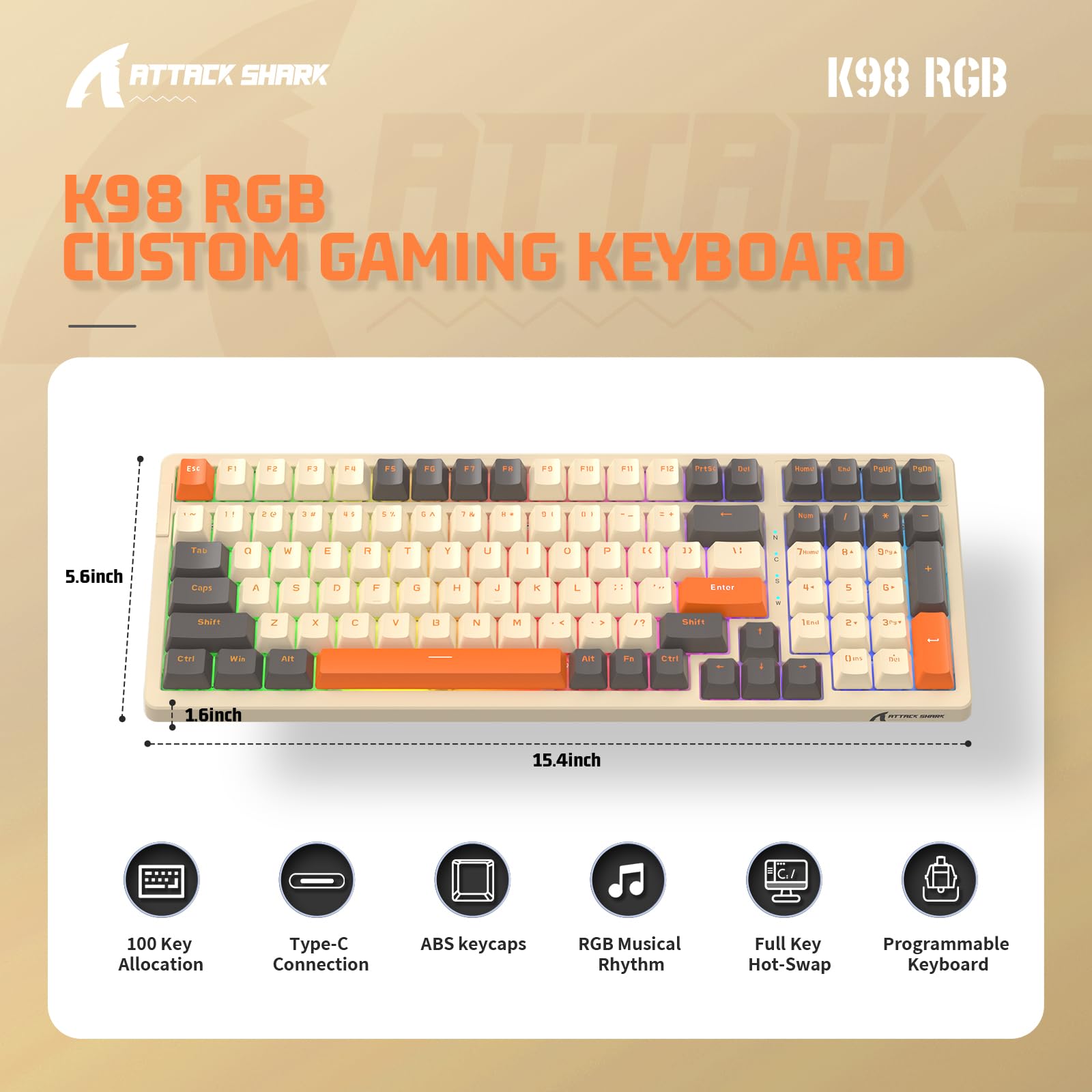 ATTACK SHARK K98 Teclado Gaming Mecánico Hot-Swap Cableado & LIGHTSYNC RGB