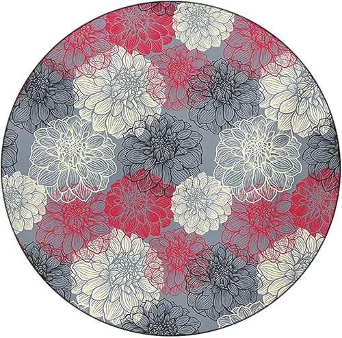Mantel redondo, mantel de flores de dalia para mesa auxiliar, dibujado a mano con flores grandes y pequeñas, se adapta a mesas redondas de 61