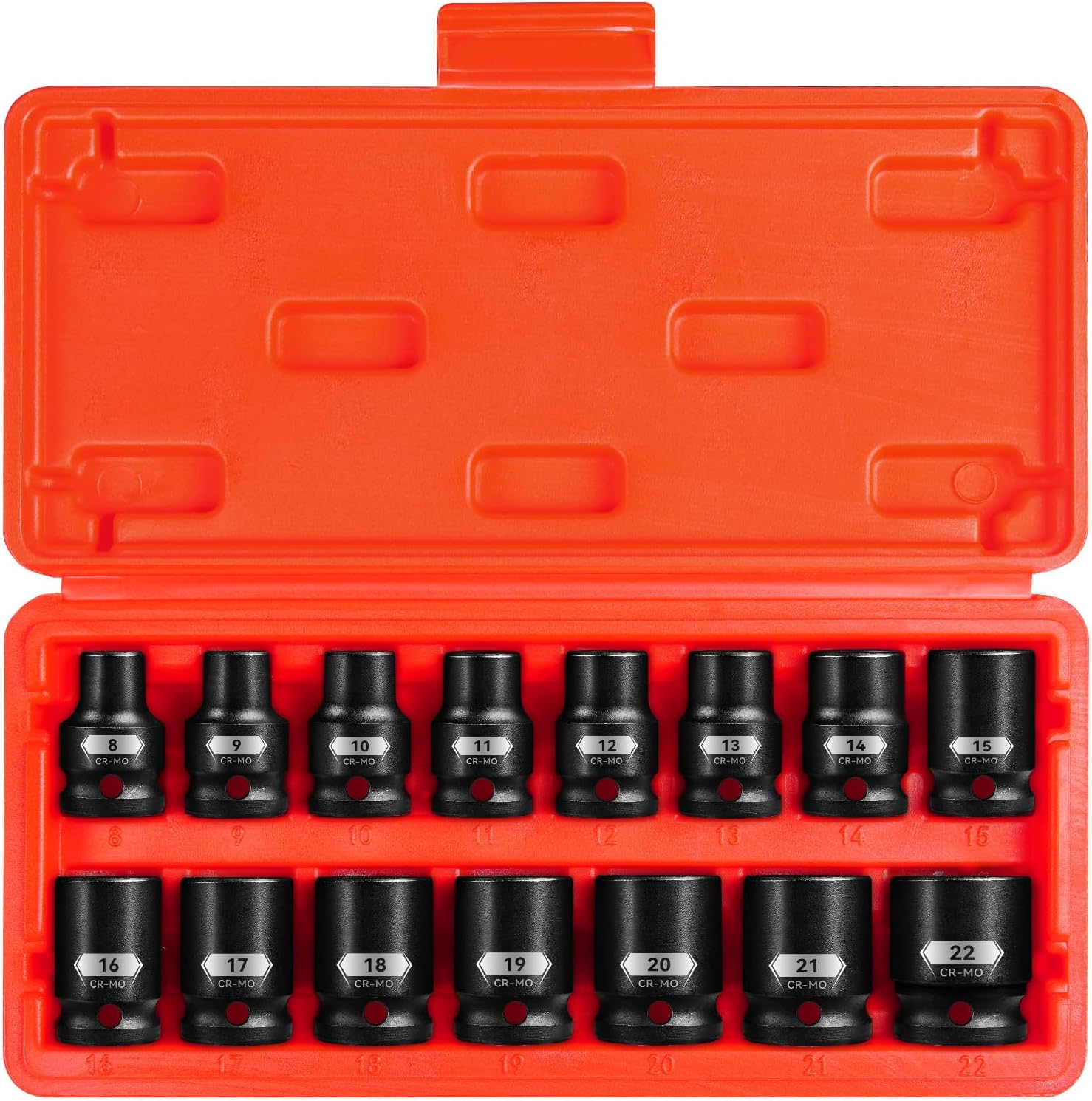 15-Piece 1/2" Drive Shallow Impact Socket Set, Metric Size (8-22mm) 12-Point Socket Set, CR-MO Steel for Automotive & DIY