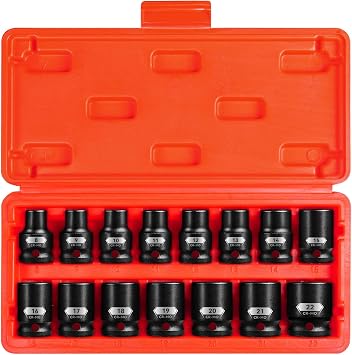 15-Piece 1/2" Drive Shallow Impact Socket Set, Metric Size 8-22mm 12-Point Socket Set, CR-MO Steel for Automotive & DIY