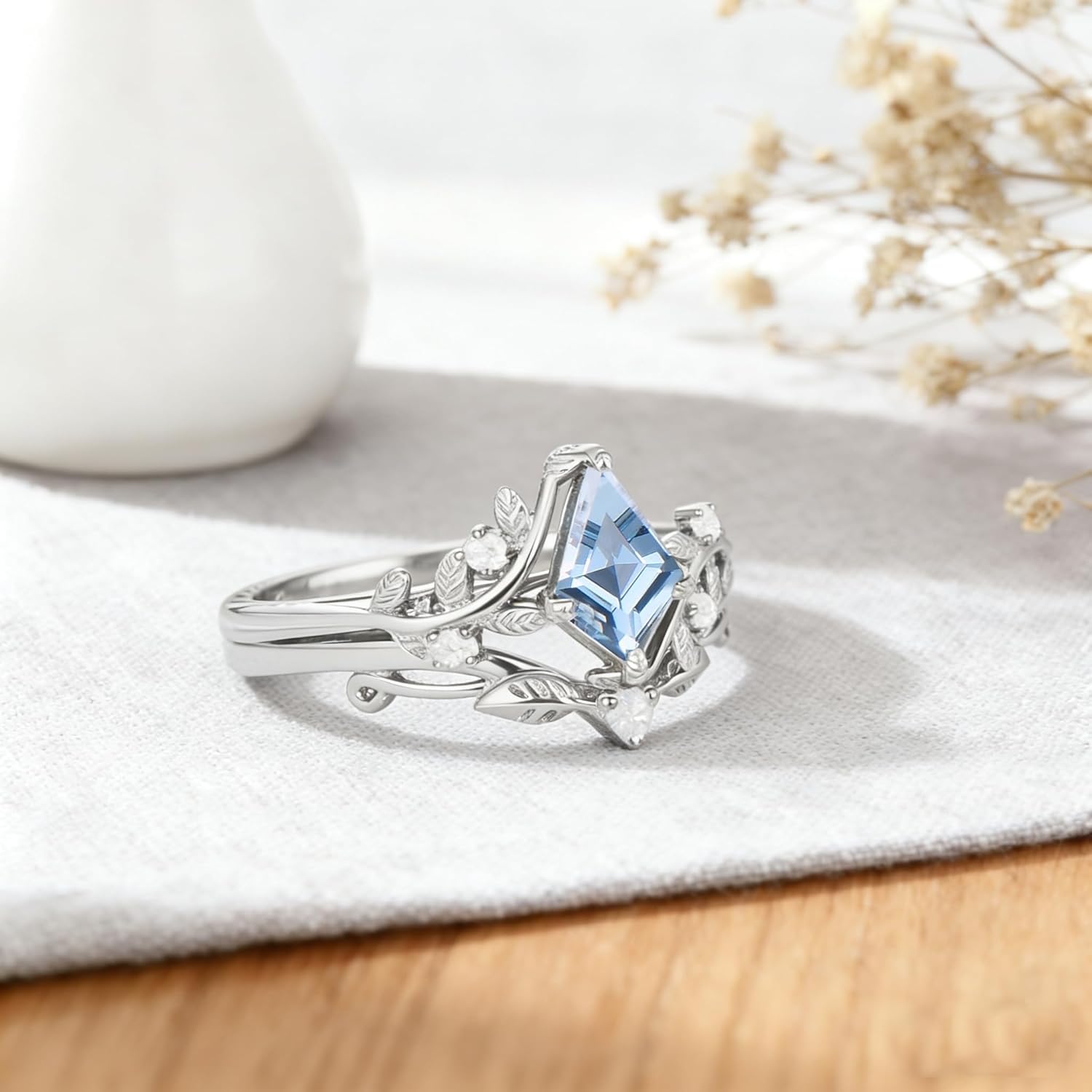 Kite Gemstone Engagement Ring Set for Women 925 Sterling Silver Kite Cut Gemstone Wedding Ring Set Vintage Inspired Leaf Art Deco Bridal Rings Set for Her Free Engraved