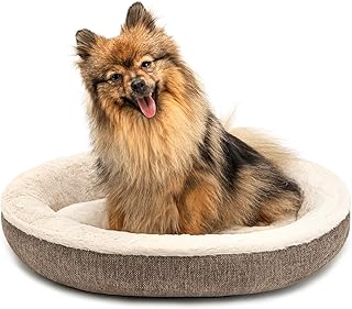 lionto Hundekörbchen rund in Donut-Form, Ø 55 cm, Heimtierkissen für Hunde & Katzen mit waschbarem Bezug & Anti-Rutsch-Noppen, kuscheliges Hundebett aus Oxford-Leinen & Plüsch, braun product image