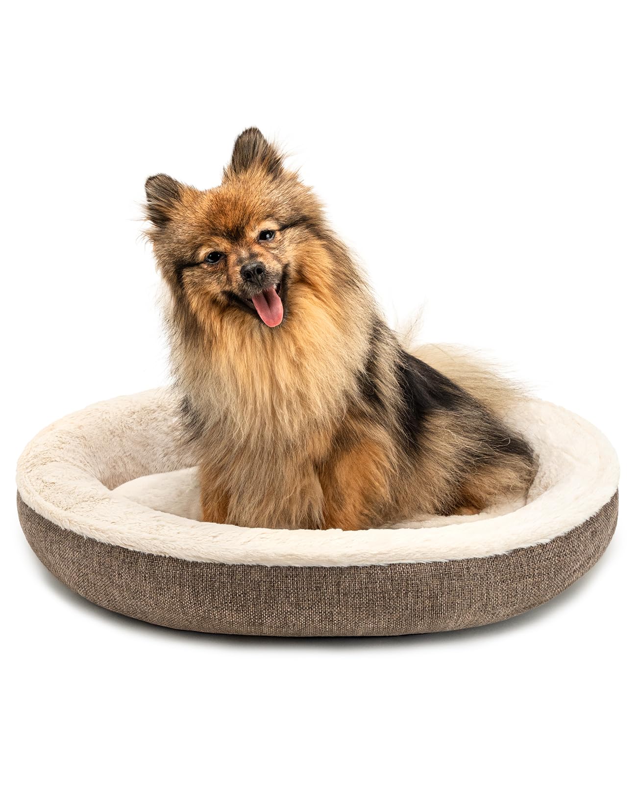 lionto Hundekörbchen rund in Donut-Form, Ø 55 cm, Heimtierkissen für Hunde & Katzen mit waschbarem Bezug & Anti-Rutsch-Noppen, kuscheliges Hundebett aus Oxford-Leinen & Plüsch, braun