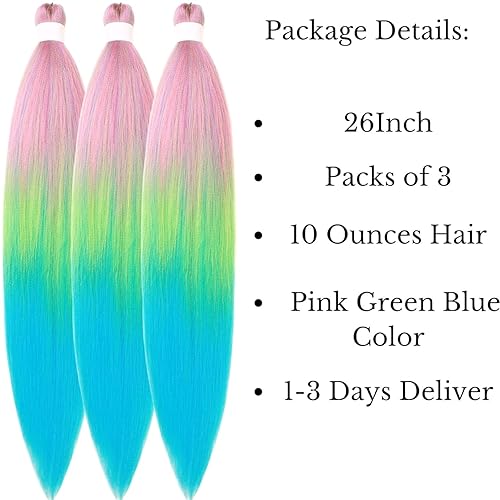 Miniatura 2 de Cabello estirado de fibra Kanekalon para trenzar, colores degradados rosa, verde claro y azul