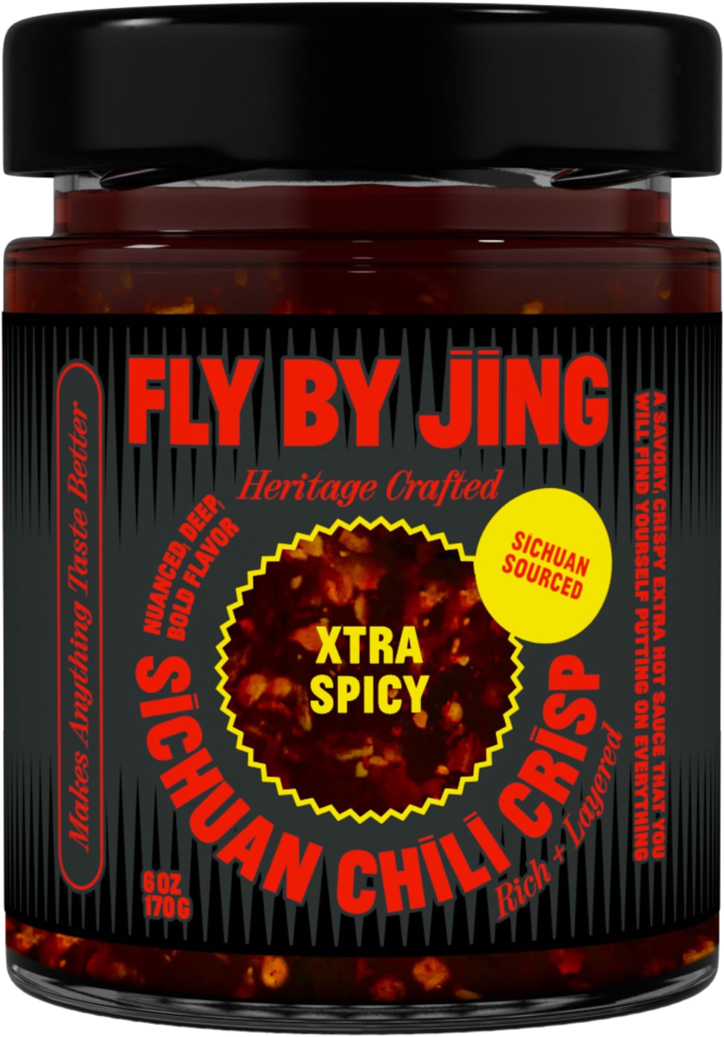FLYBYJING Xtra Spicy Sichuan Chili Crisp: Premium Chili Oil w/Crunchy Garlic and Shallots - Spicy, Savory, Vegan, Sugar Free Hot Sauce - Good on Noodles, Proteins, Veggies & Anything, 6oz (Pack of 1)