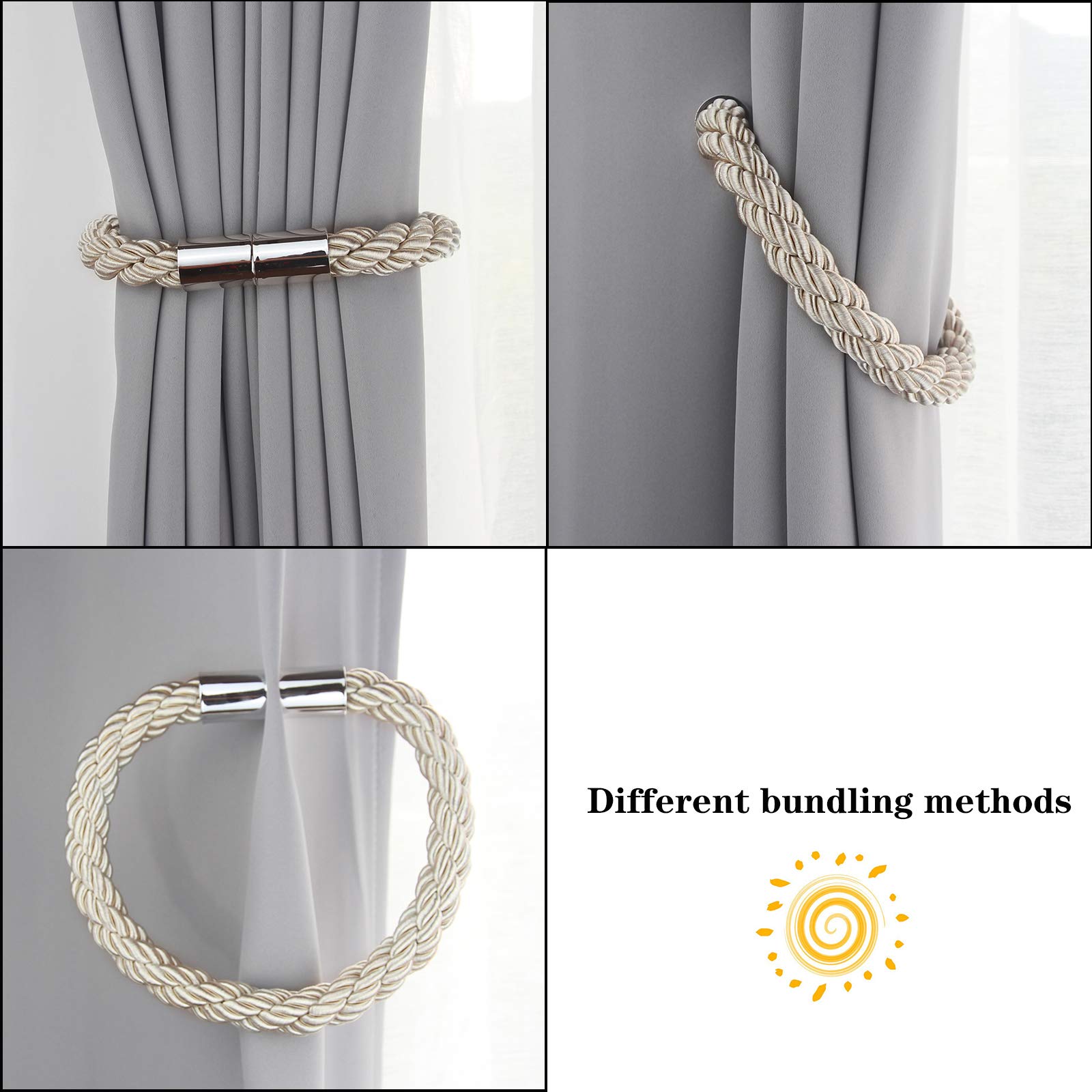 Lot de 2 embrasses de rideaux magnétiques solides - Beige - 50 cm - Attaches pratiques pour rideaux fins ou épais avec crochets en métal - Légèrement lourdes