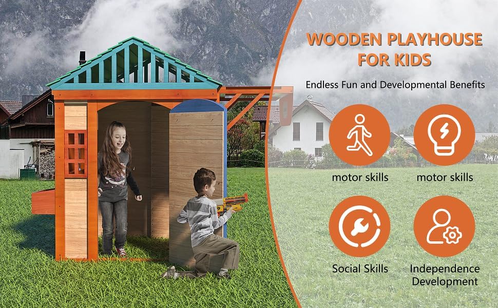 Miniatura 6 de Casa de juegos al aire libre para niños de 3 a 8 años, casa de juegos de madera con 4 ventanas de toldo de juegos, pared de bola y tetris. Casa de