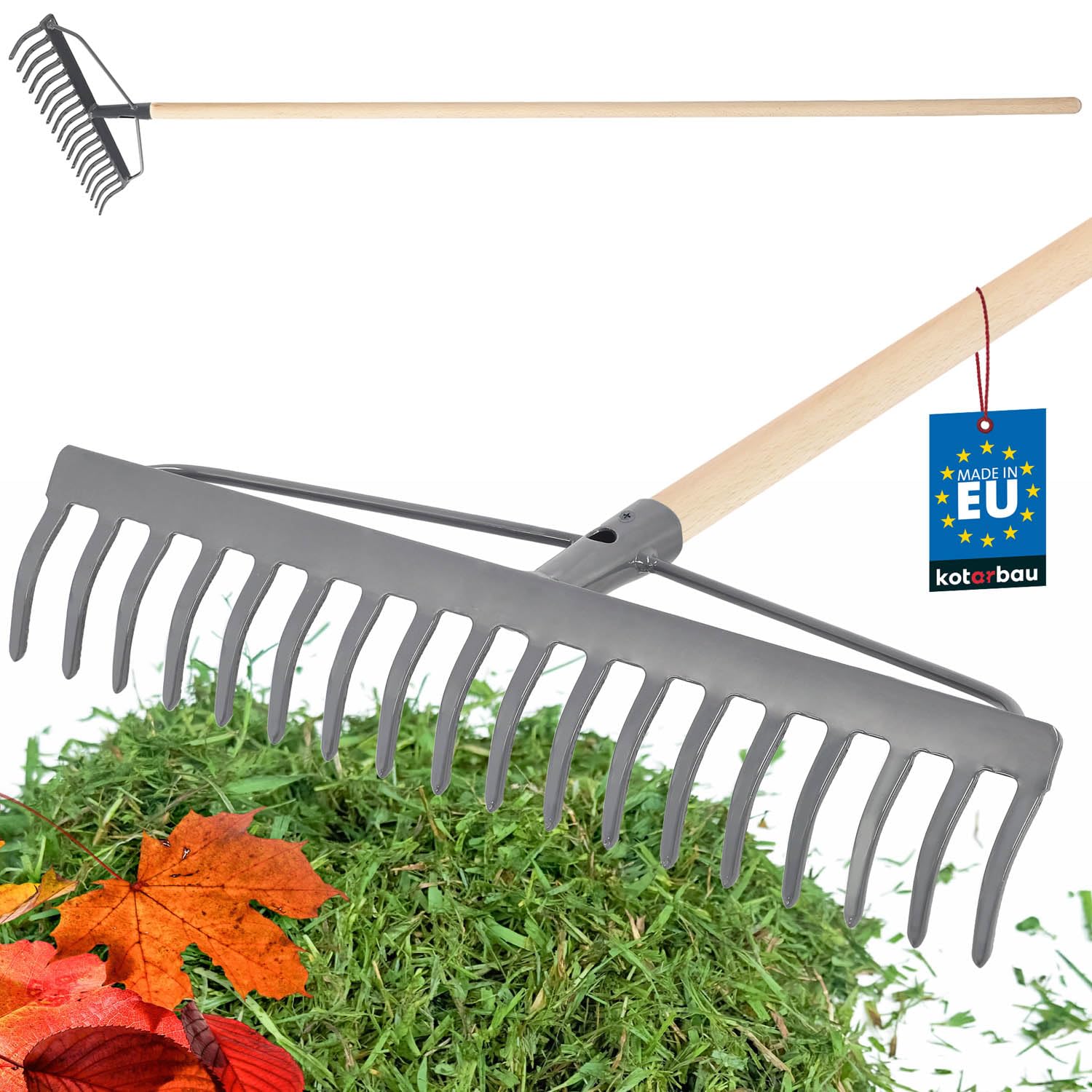 KOTARBAU® Rateau à Feuille - Métal - 46 cm - Râteau Jardin - 18 Dents - avec Manche en Bois - Outil Robuste pour Entretien Gazon Jardinage - Gris & Naturel