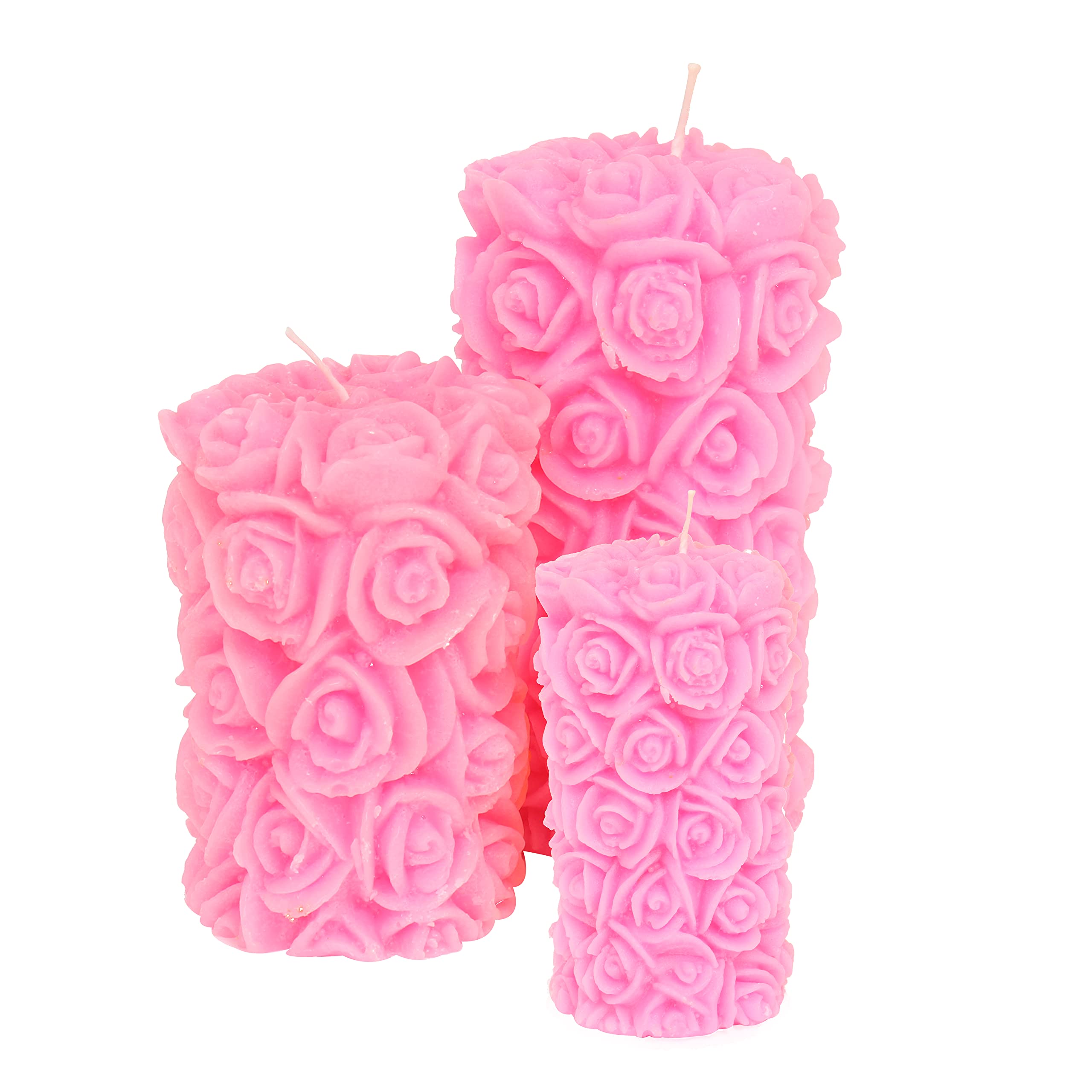 Laeto Rose Detail Unscented Pillar Candle Set - Pack of 3 Pink Coloured Candles for Romantic, Wedding & Church Use