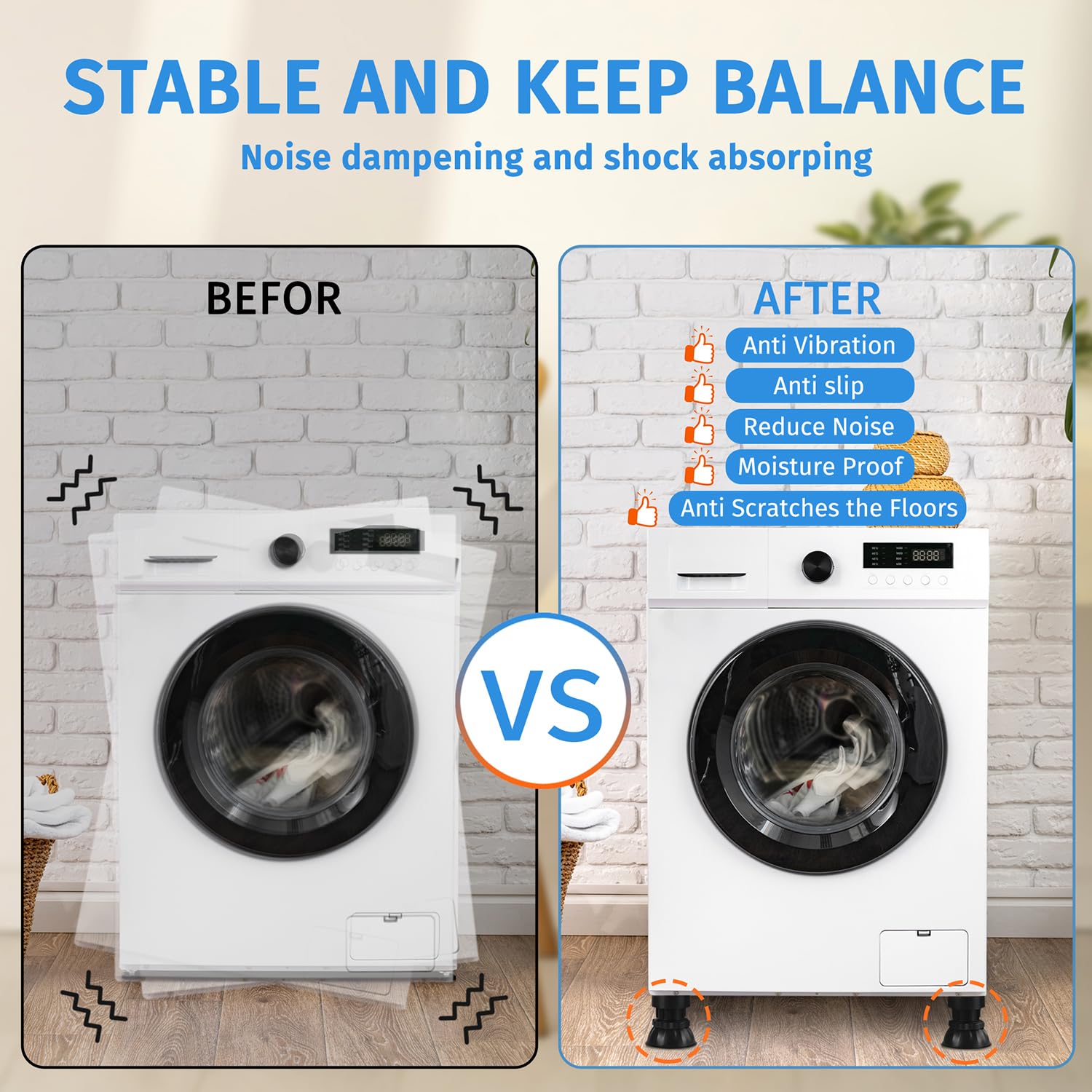 Anti Vibration Pads for Washing Machine - 4 Pack Adjustable Washing Machine Foot Pads for Anti-Walk, Noise Reducing Anti Slip Anti Vibration Rubber Variety Washing Machine