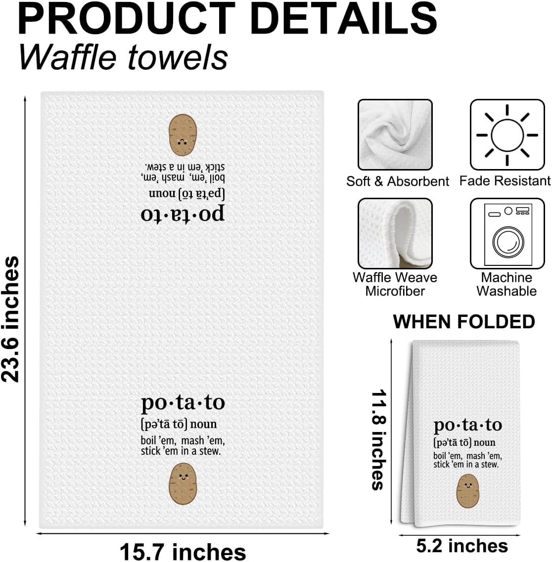 2 Pcs Cute Potato Kitchen Decor Hand Towels, Absorbent Waffle Weave Bath Towel Kitchen Dish Guest Towels for Kitchens Homes Bathrooms Restaurant Hotel Cafe Farmhouse Dinner Party Decor - Image 2