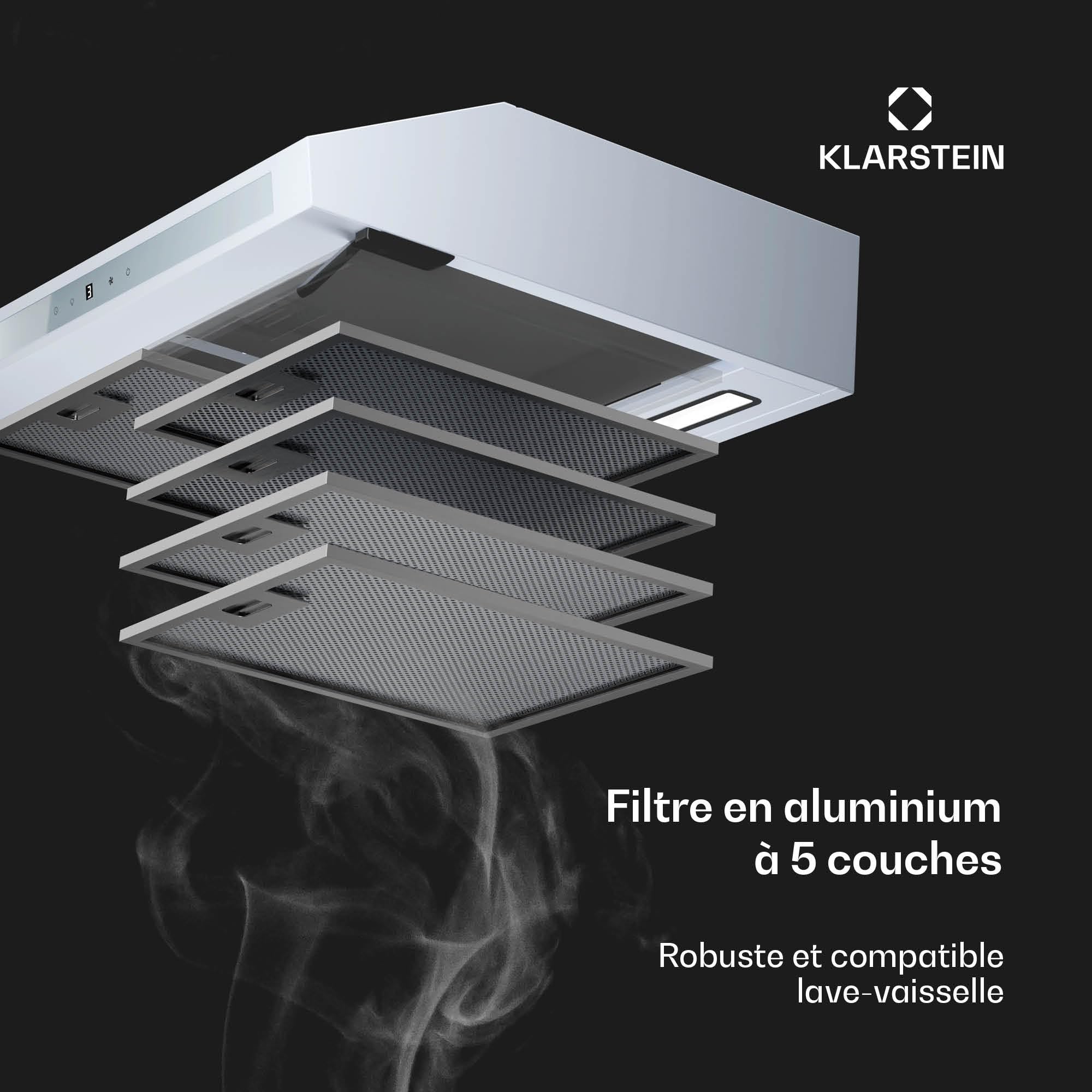 Klarstein Purista Force Hotte aspirante, Hotte murale de cuisine 60 cm, 343 m³/h, Double moteur, CEE C, Panneau tactile LED, Éclairage LED, Filtre à charbon actif
