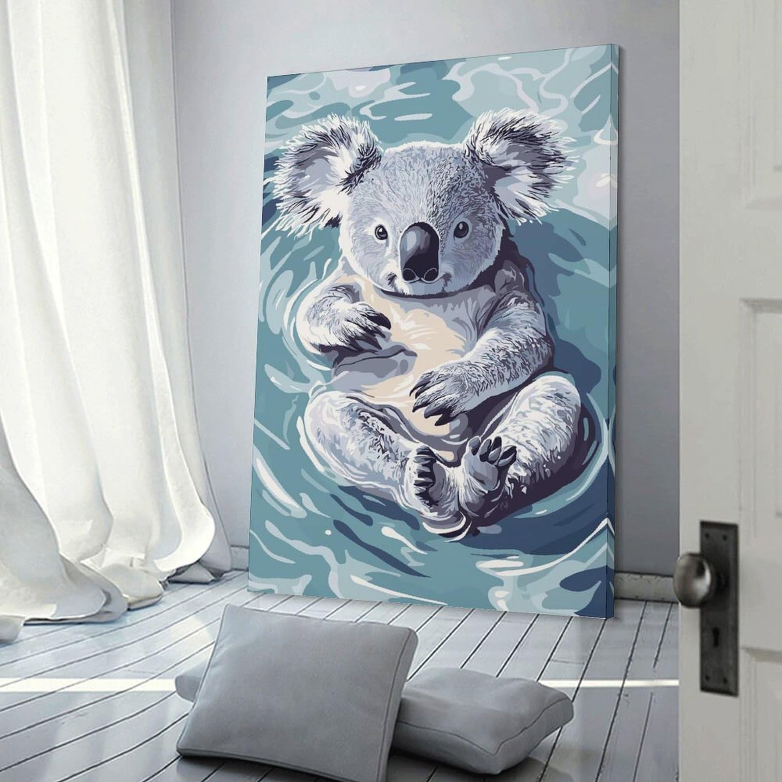 Junmoney Frame-Style-14 Canvas Wall Picture Koala Floating In Water Illustration, 16X24inch(40X60cm), For Office, Study Or Home Workspace, Canvas Wall Decor For Creative Rooms