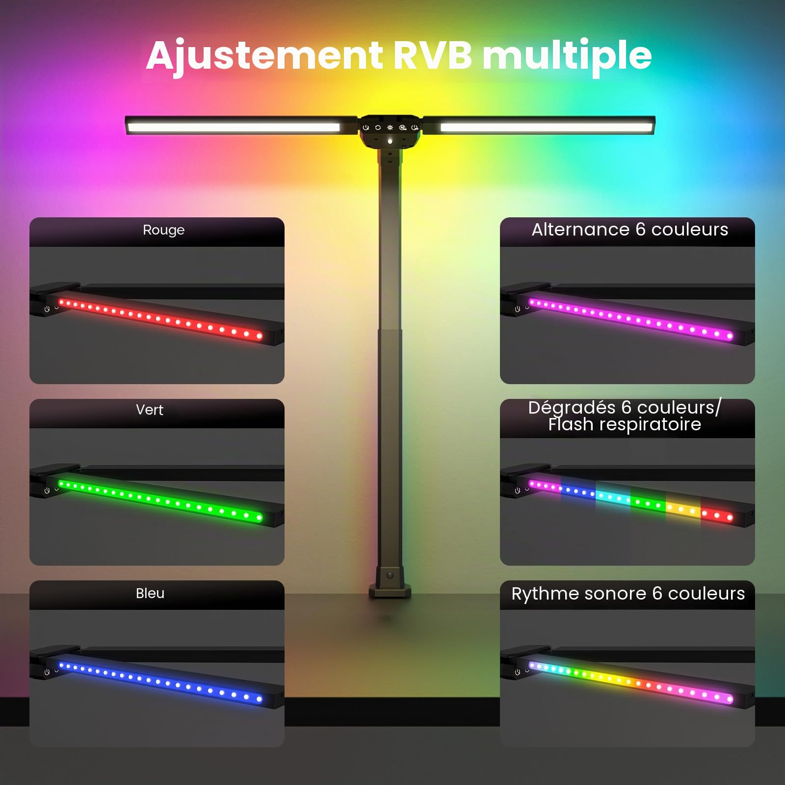 SIBRILLE Lampe de Bureau LED RVB à Double Tête, 22W 80cm Lampe de Table à Clipser avec Télécommande, 5 Températures de Couleur&Luminosité Lanterne de Lecture Rotative pour Design,Lecture,Ecran