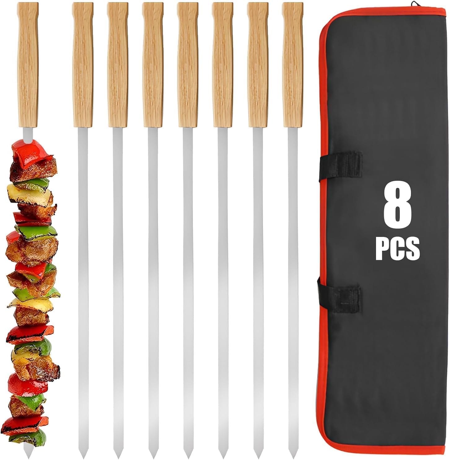 8 Pezzi Spiedini in Acciaio Inox con Manici in Legno di Faggio, Spiedini Barbecue Lunghi 42 cm, Spiedo per Barbecue Riutilizzabili, Accessori Barbecue per Verdure, Carne e Salsicce