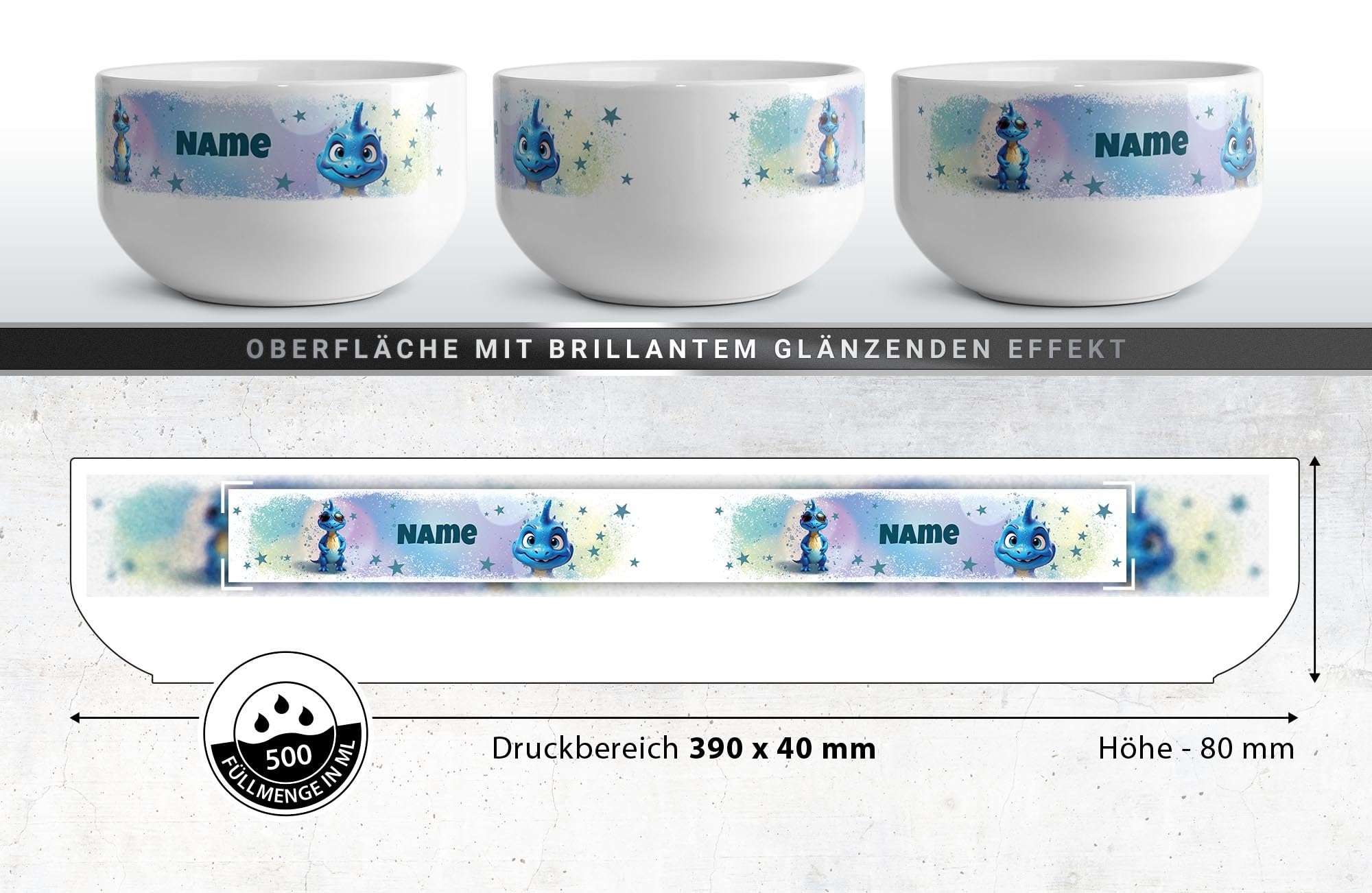 Print Royal PR Kinder-Müslischale mit Name personalisiert - Blauer Dino - Geschenk für Mädchen und Jungen, Kindertag, Weihnachten, Geburtstag | Keramik Schüssel selbst gestalten, 500 ml