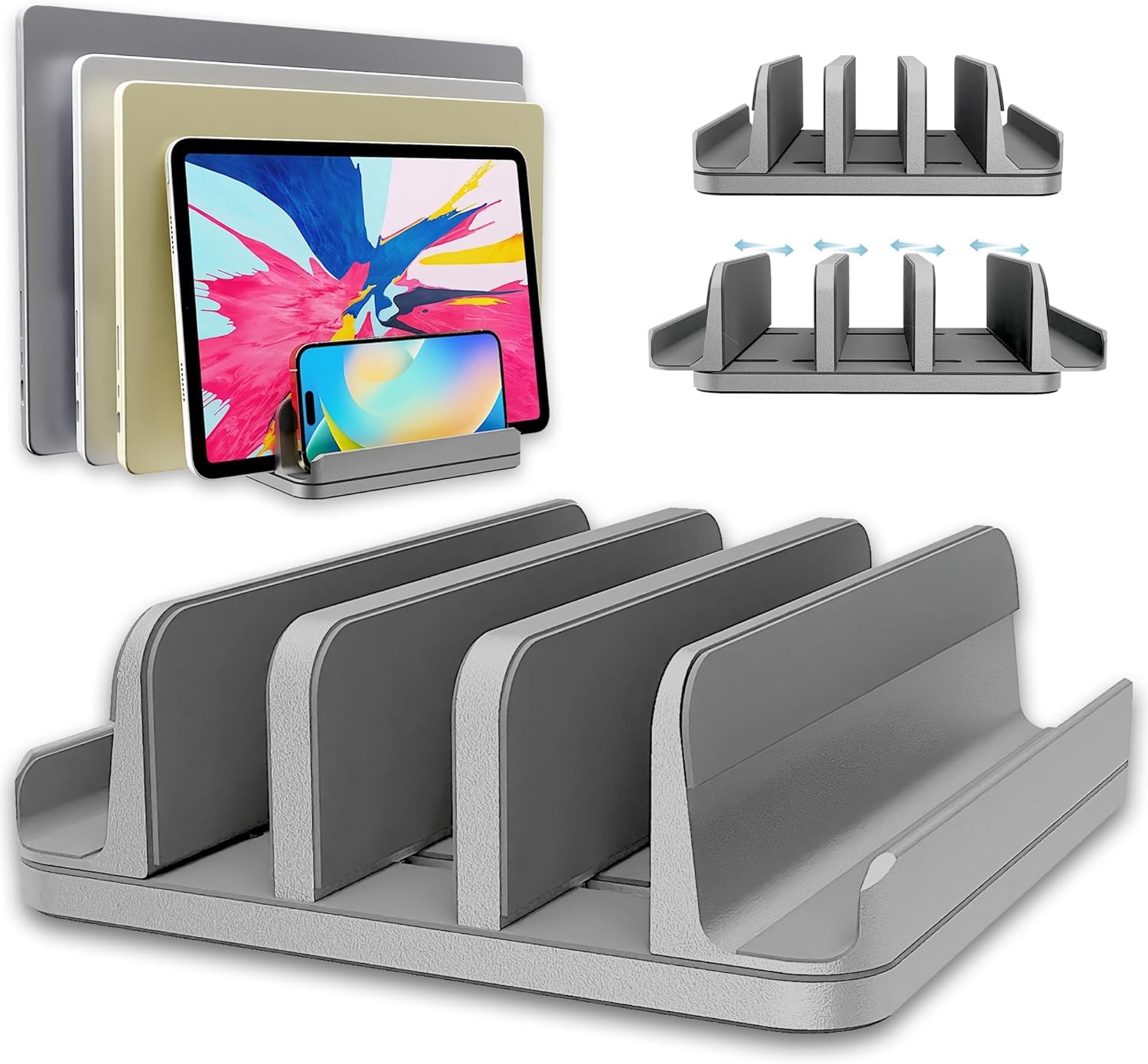 Tazweeq Vertical Laptop Stand Holder 5 Slots, Aluminum Space-Saving Laptop Holder, Adjustable Size Dock Tabletop Desk Organizer 3 Slot + 2, Fits Apple MacBook, Surface, PC, Tablet, iPad, iPhone, Stand