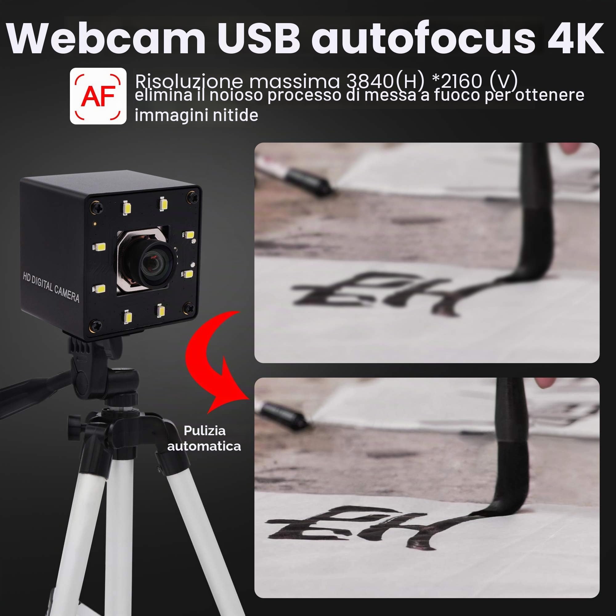 ELP Webcam 4K Autofocus USB visione notturna No-Distortion IMX415 Sensore Ultra HD Camera 3840x2160@30fps, UVC compatibile per videoconferenze