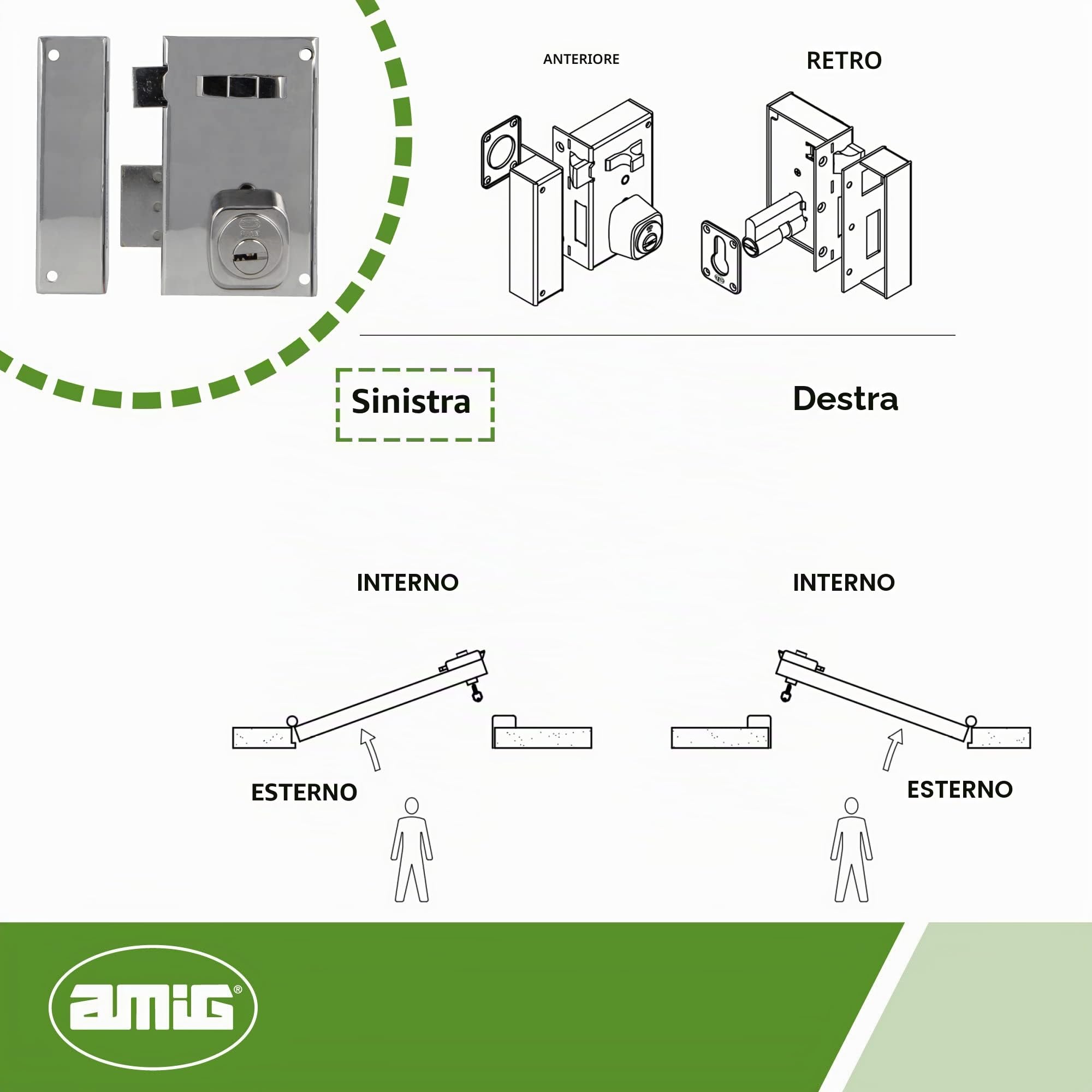 Amig - Serratura da sovrapposizione a sinistra con leva di chiusura, linguetta e maniglia per porte in legno mod. 76-67 x 112 mm - Cilindro Europrofilo - Acciaio Argento