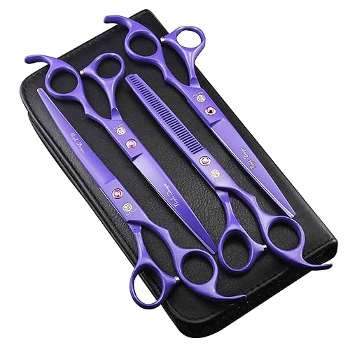 Purple Dragon Professional Juego de tijeras de aseo para mascotas de 7,0 pulgadas, 4 piezas, juego de tijeras de corte de pelo para perros rectas y curvas de acero de primera calidad de Japón con funda