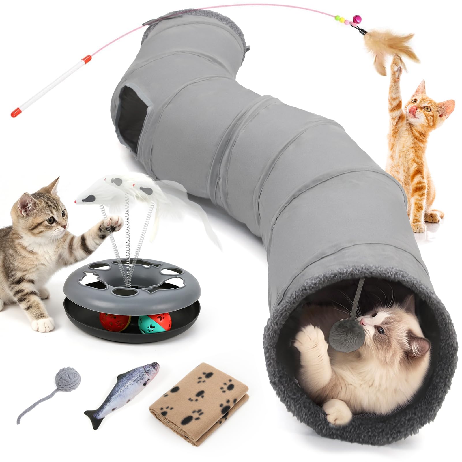 YGJT Tunnel pour chat d'intérieur pour chat adulte, chaton pour l'ennui | Jouets interactifs pour chats avec balles rotatives, baguette à plumes, poisson, couverture et balle, accessoires pour chat