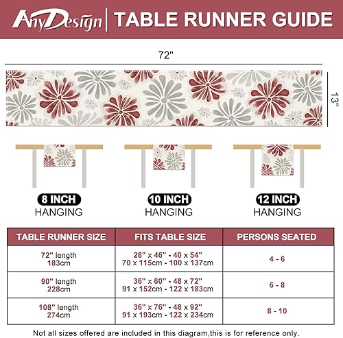 Miniatura 7 de AnyDesign Camino de mesa floral acuarela con flores rojas y grises, decoración de mesa de comedor de cocina, cubierta rústica para interiores y