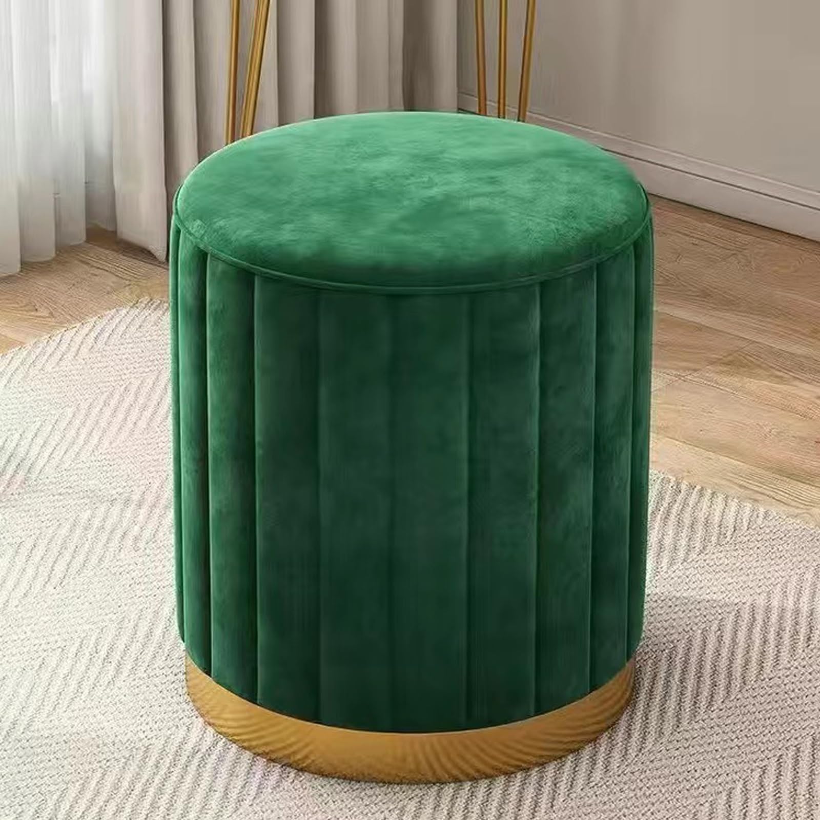 Pouf rotondo in velluto con base dorata per soggiorno e camera da letto, verde scuro, 33 x 41,9 cm, elegante sgabello per arredamento moderno e salvaspazio