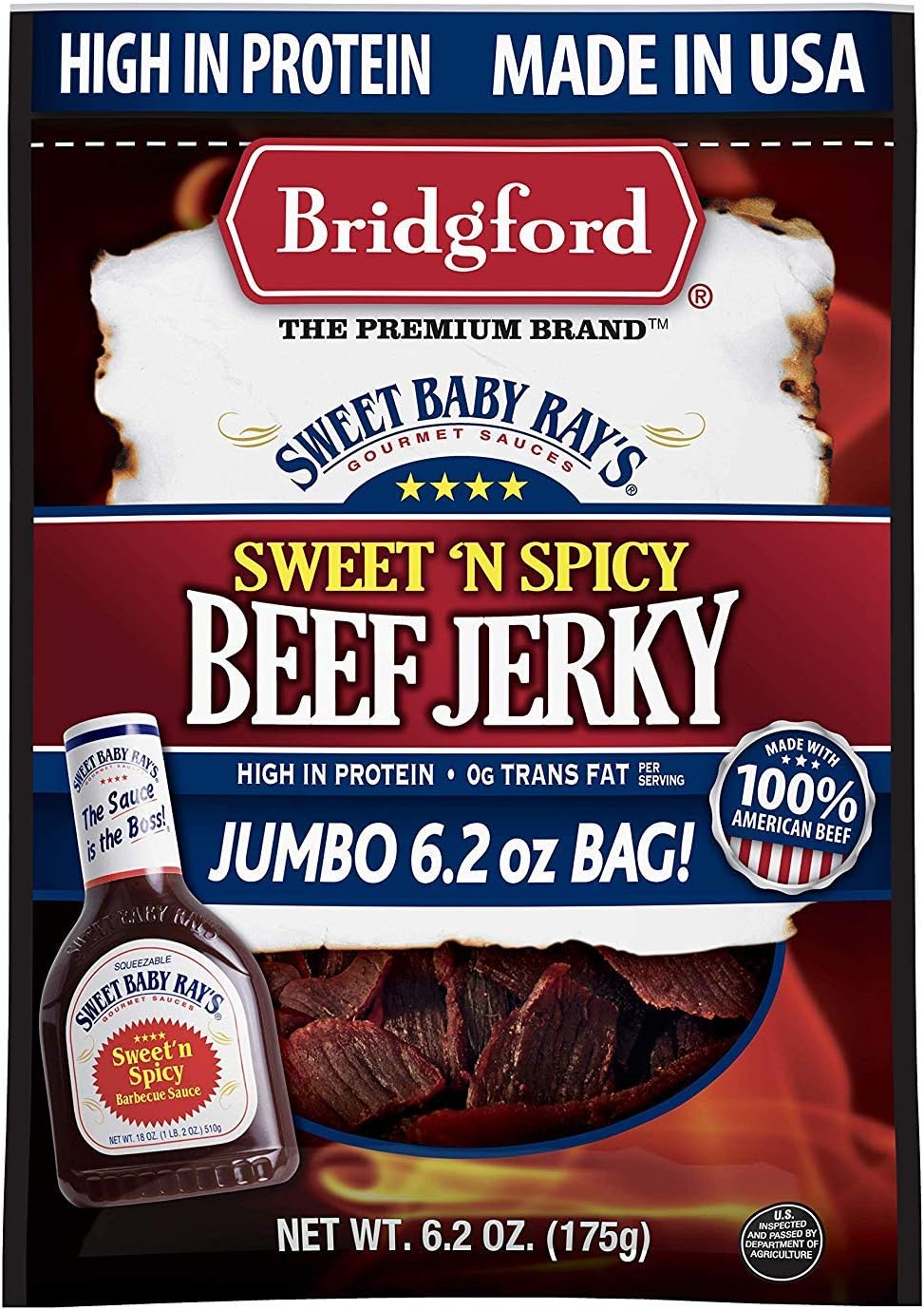 Bridgford Sweet Baby Ray's High Protein Beef Jerky, Low Carb Snack, Low Calorie, Keto Friendly, Sweet N Spicy Flavor, 6.2 Oz, (Pack of 1)