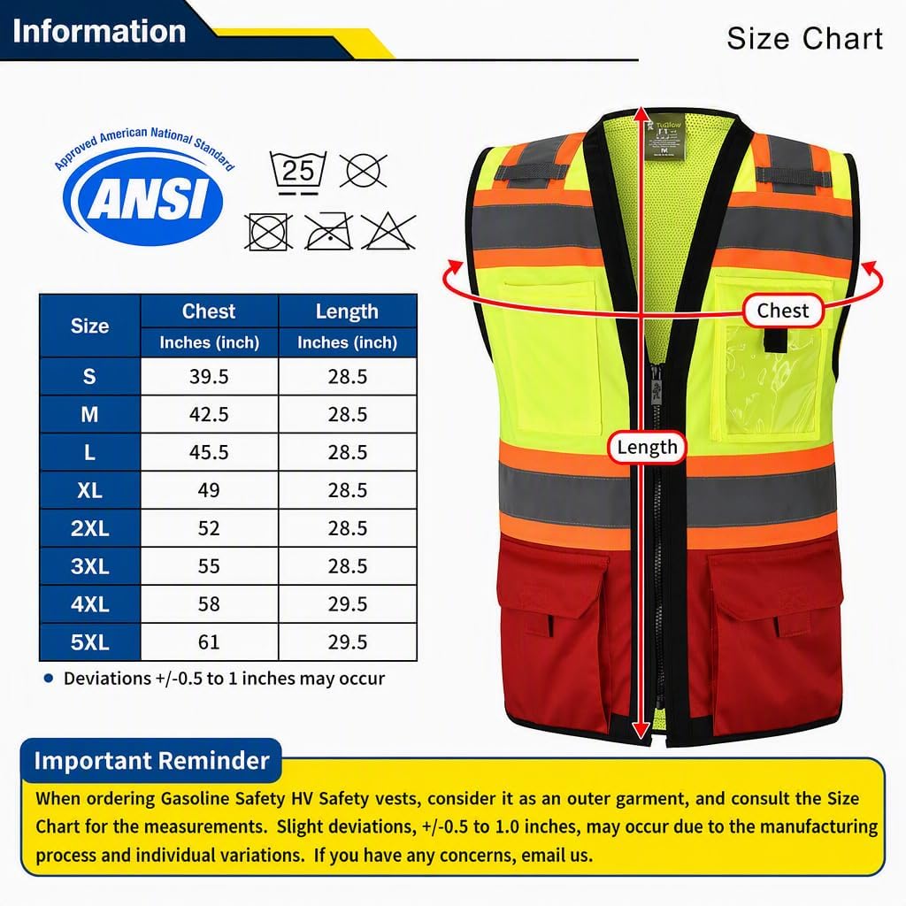 Gasoline Class 2 High Visibility Reflective Safety Vests Women & Men | With 6 Pockets And Zipper Front,Meets Ansi/Isea Standards