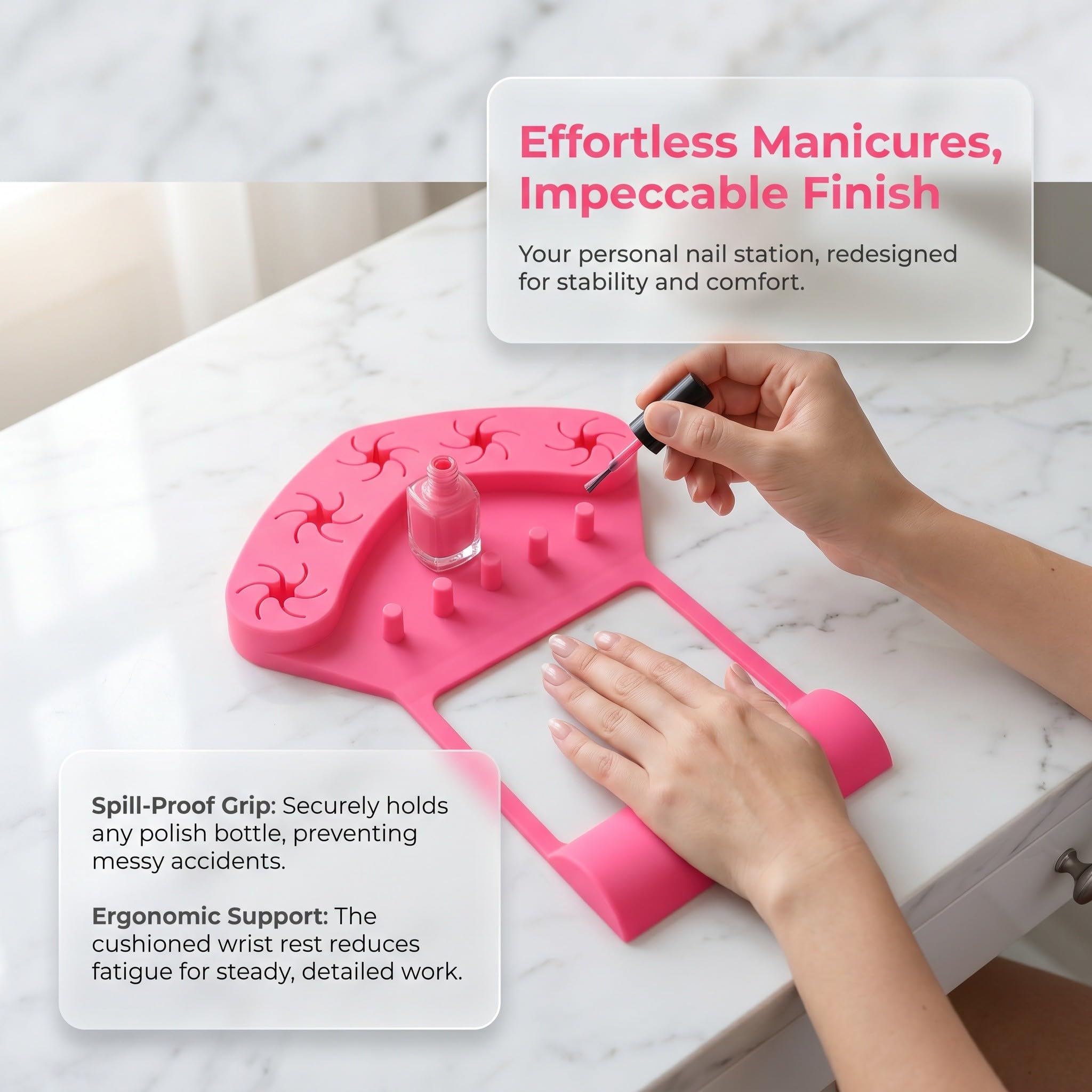 Soporte y tapete de silicona para esmalte de uñas, soporte antiderrame para botellas con 5 ranuras, reposamanos para manicura con separadores de dedos para pintar uñas, color rosa.