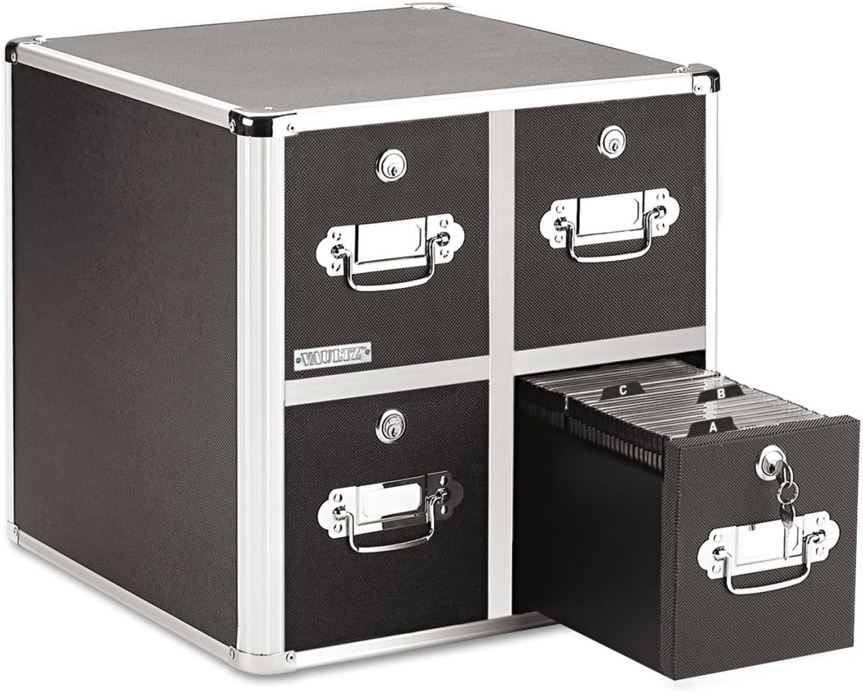 Vaultz CD Case Holder - File Cabinet CD Rack w/ 4 Drawers and Key Locks, 14 x 14.5 x 15.5 Inch DVD Organizer and CD Storage Box - Black