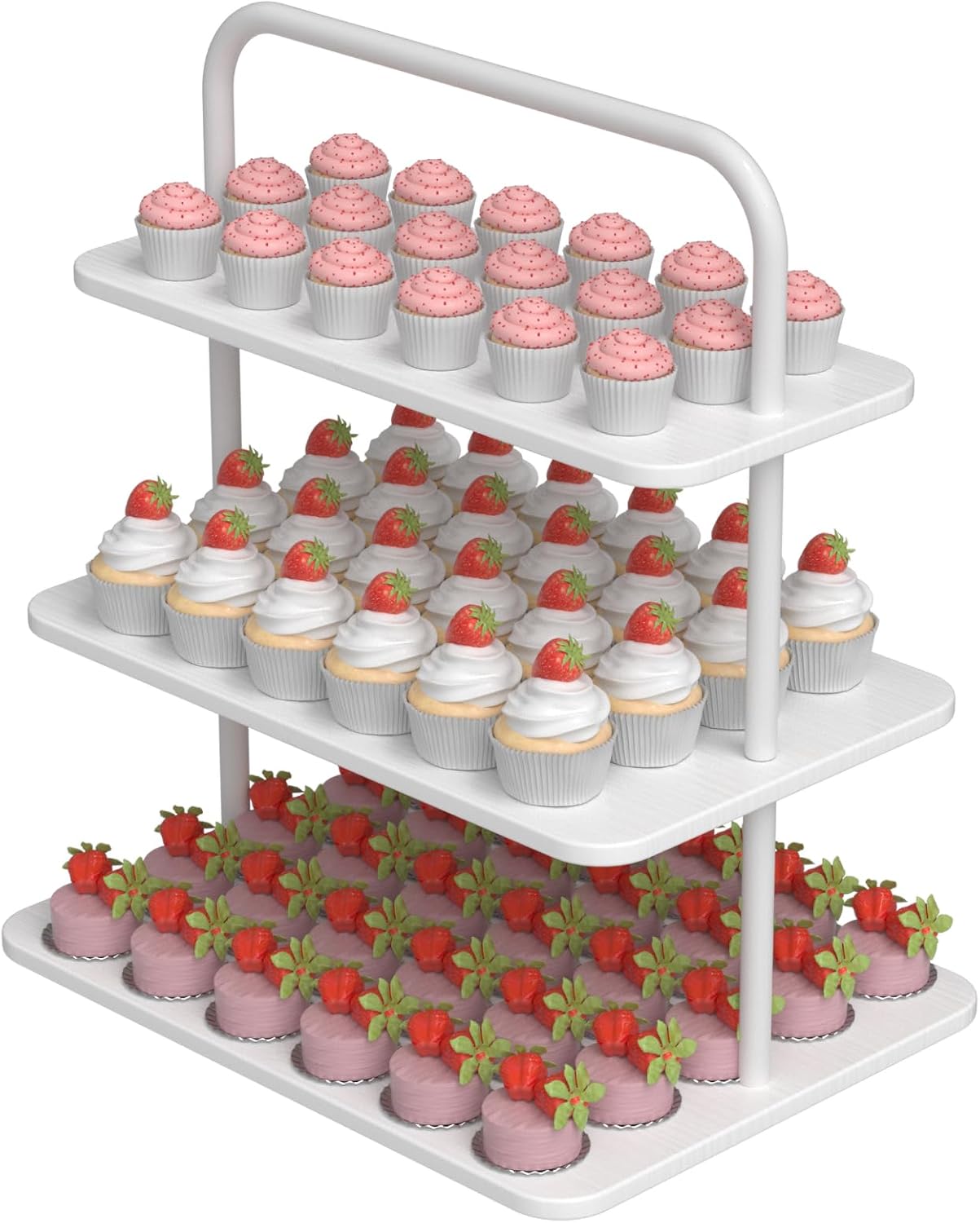 Cupcake Stand, 3-Tier Dessert Stand for 68 Cupcakes, Wood & Metal Tower Display Premium Holder Dessert Tree Tower for Wedding Graduation Birthday Christmas Party, Serving Tray, White Rectangle-White-3 Tiers