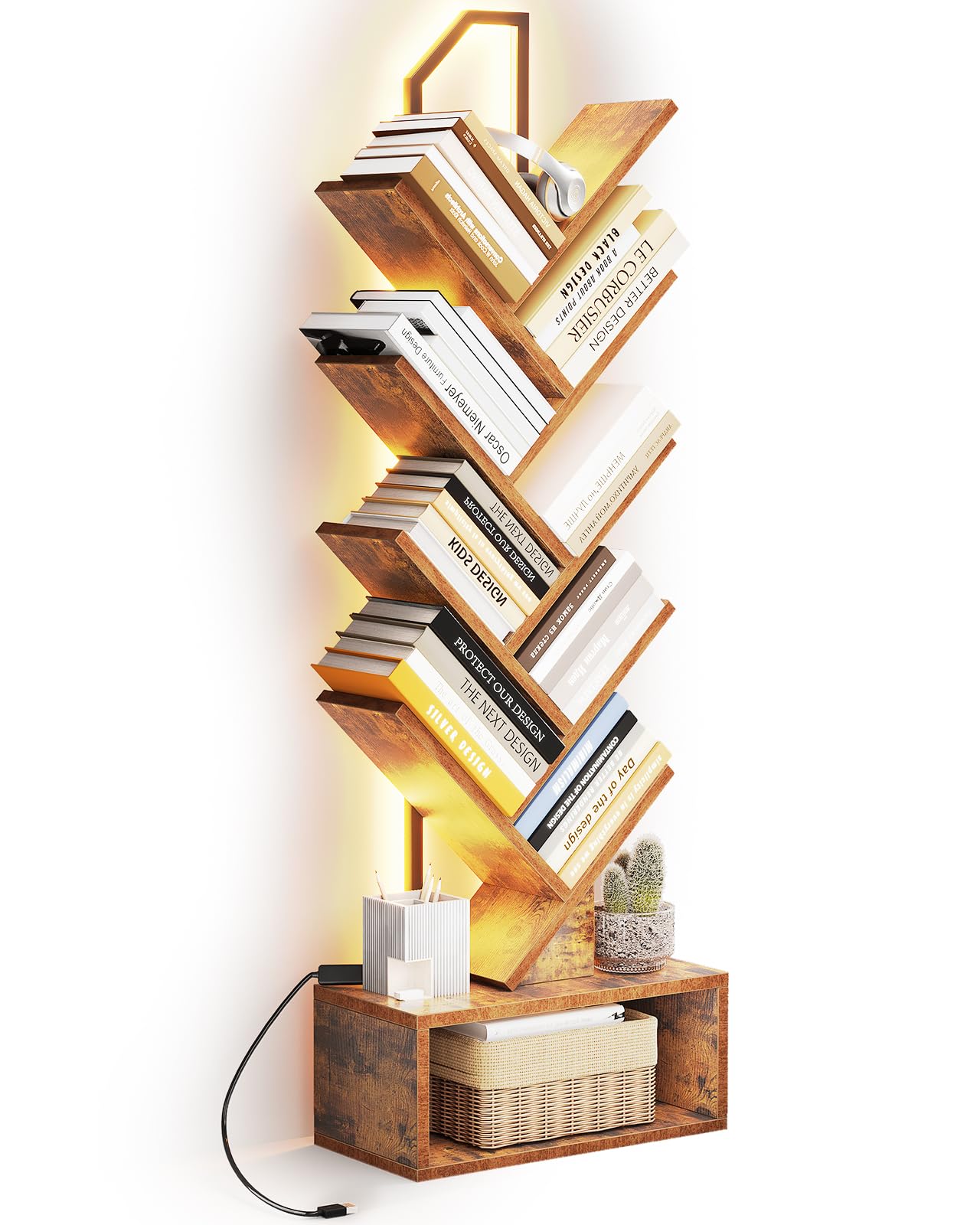 Coleshome Tree Bookshelf with LED Light, 8-Tier Floor Standing Bookcase, Bookcases suitable for bedrooms and living rooms, Wooden bookshelves suitable for bedrooms and living rooms,Brown