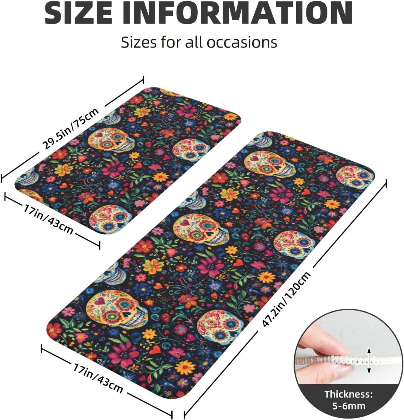 Floral Skull Print Kitchen Rugs Sets of 2 Non Slip Washable, Anti Fatigue Kitchen Mats for Floor, Home Decor