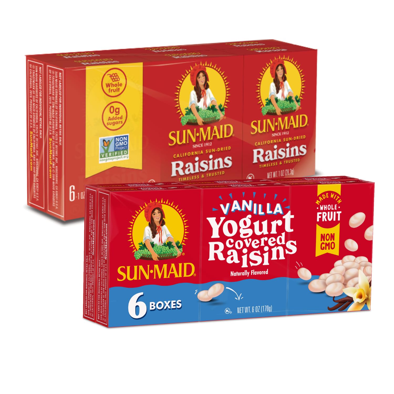 Sun-Maid Bundle Vanilla Yogurt Coated Raisins - (6 Pack) 1 oz Snack-Size Box + California Sun-Dried Raisins - (6 Pack) 1 oz Snack-Size Box