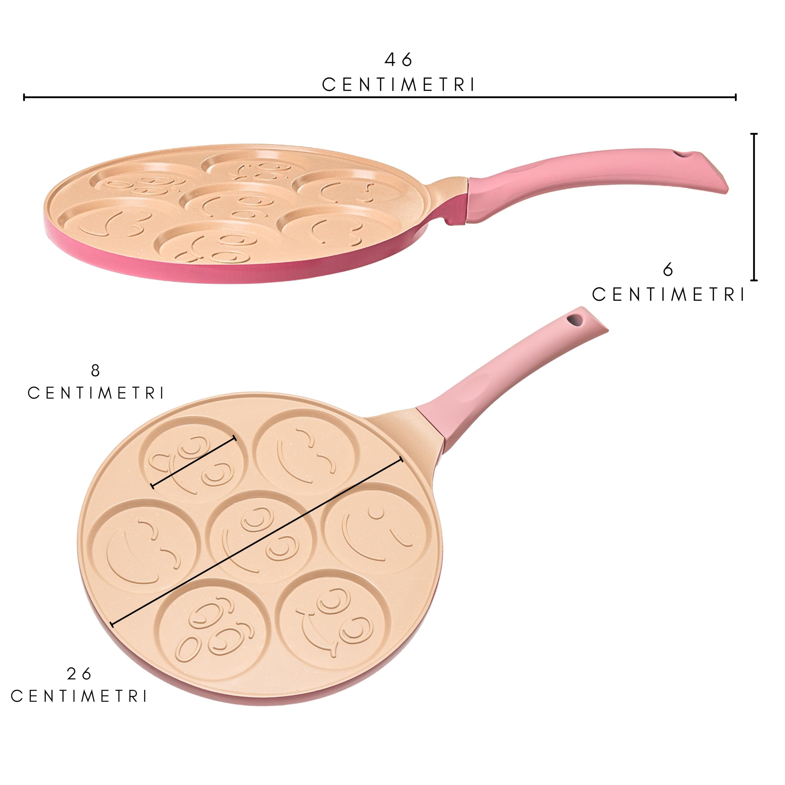 Erreke Padella per Pancake, Crepiera, Tutti i Piani Cottura e Induzione, Doppio Rivestimento Antiaderente, Design Faccine, Manico Soft-Touch, 7 Pancake o Crepe, 26 cm Colore Rosa
