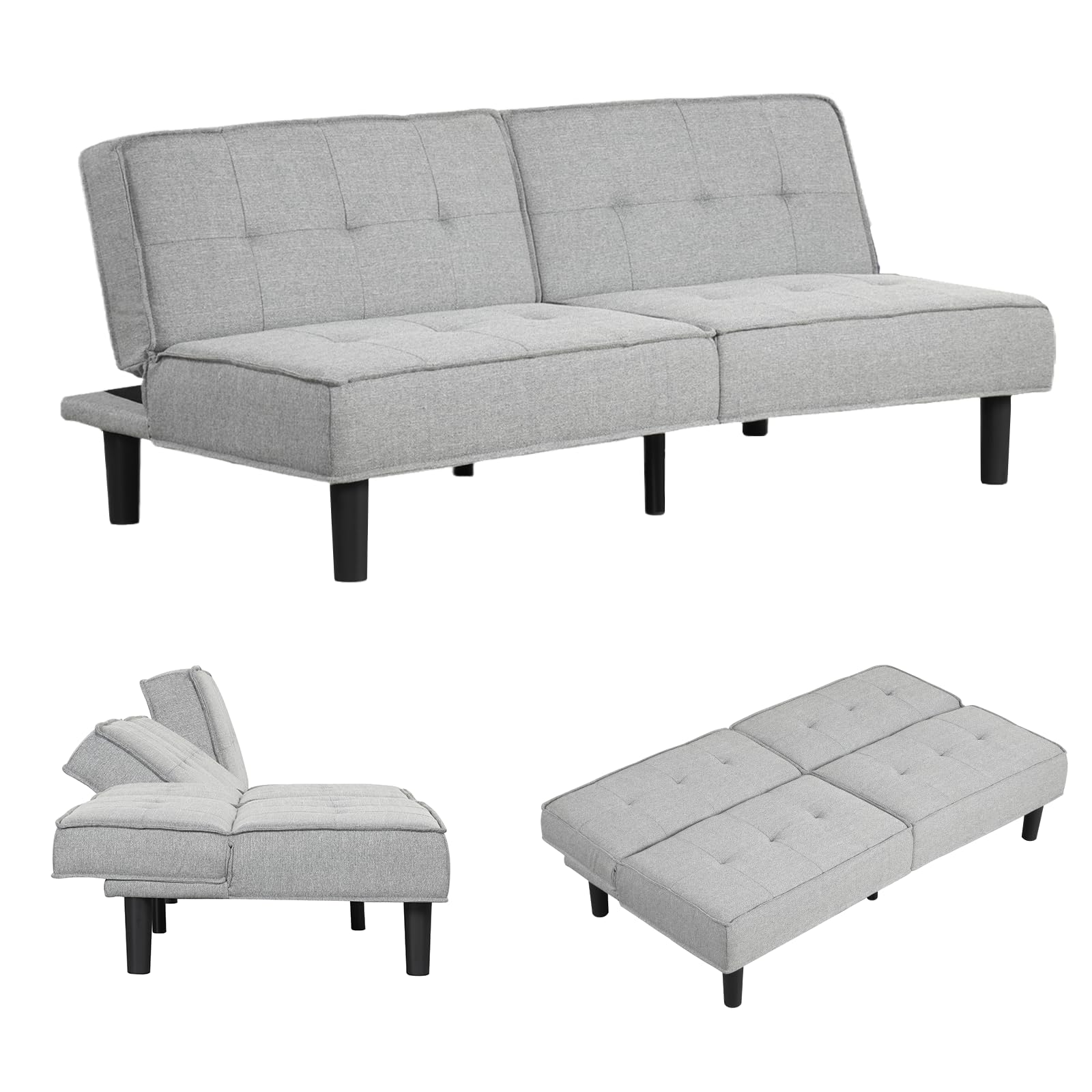 Convertible Futon Sofa Bed, Loveseat Foldable Couch with Adjustable Backrest, Small Space Apartment Couch, Light Grey Fabric, 307LG