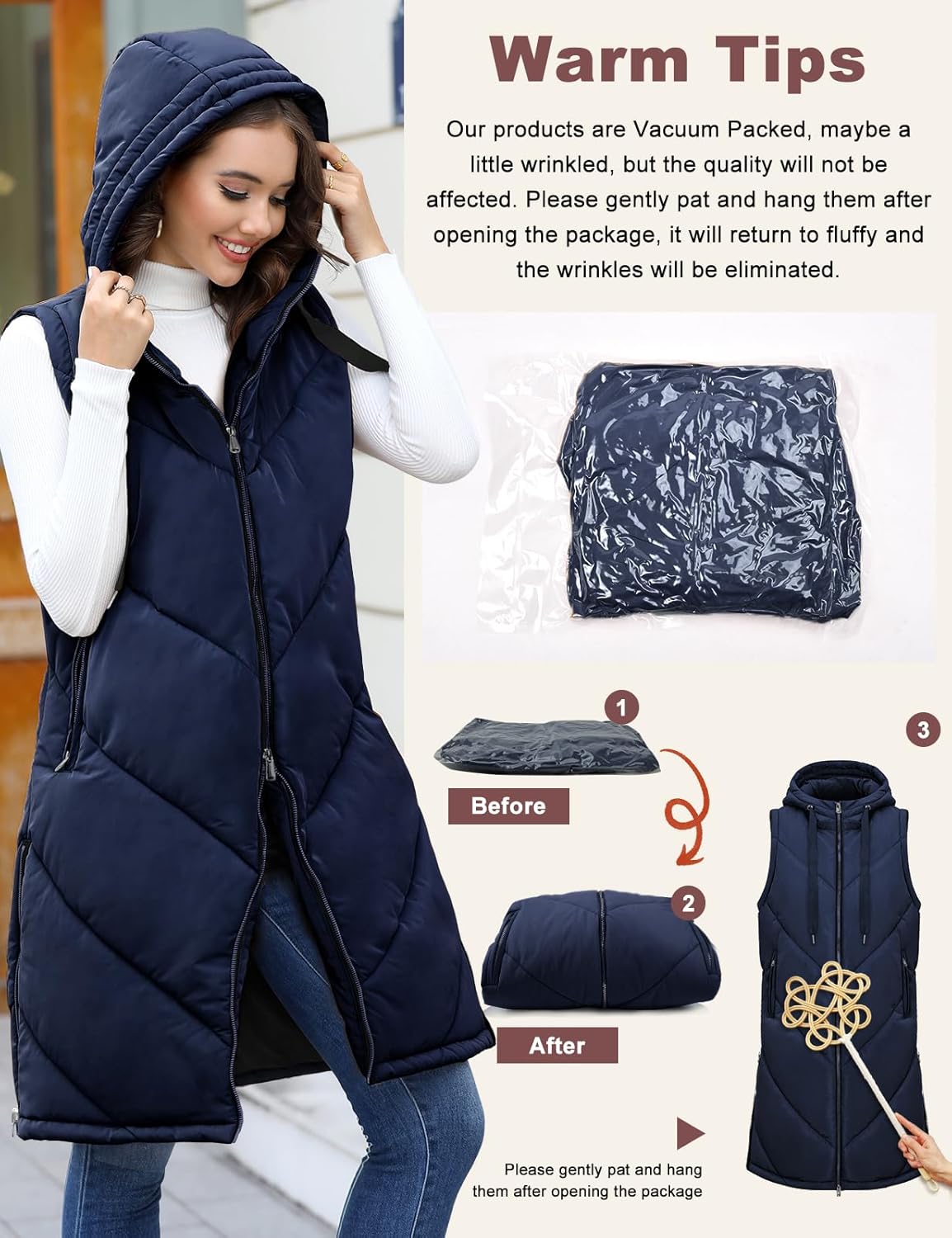 HEEKPEK Womens Puffer Vest Sleeveless Hooded Long Puffy Vests Zip Up Quilted Thick Winter Jackets Outerwear with Pockets - Image 6