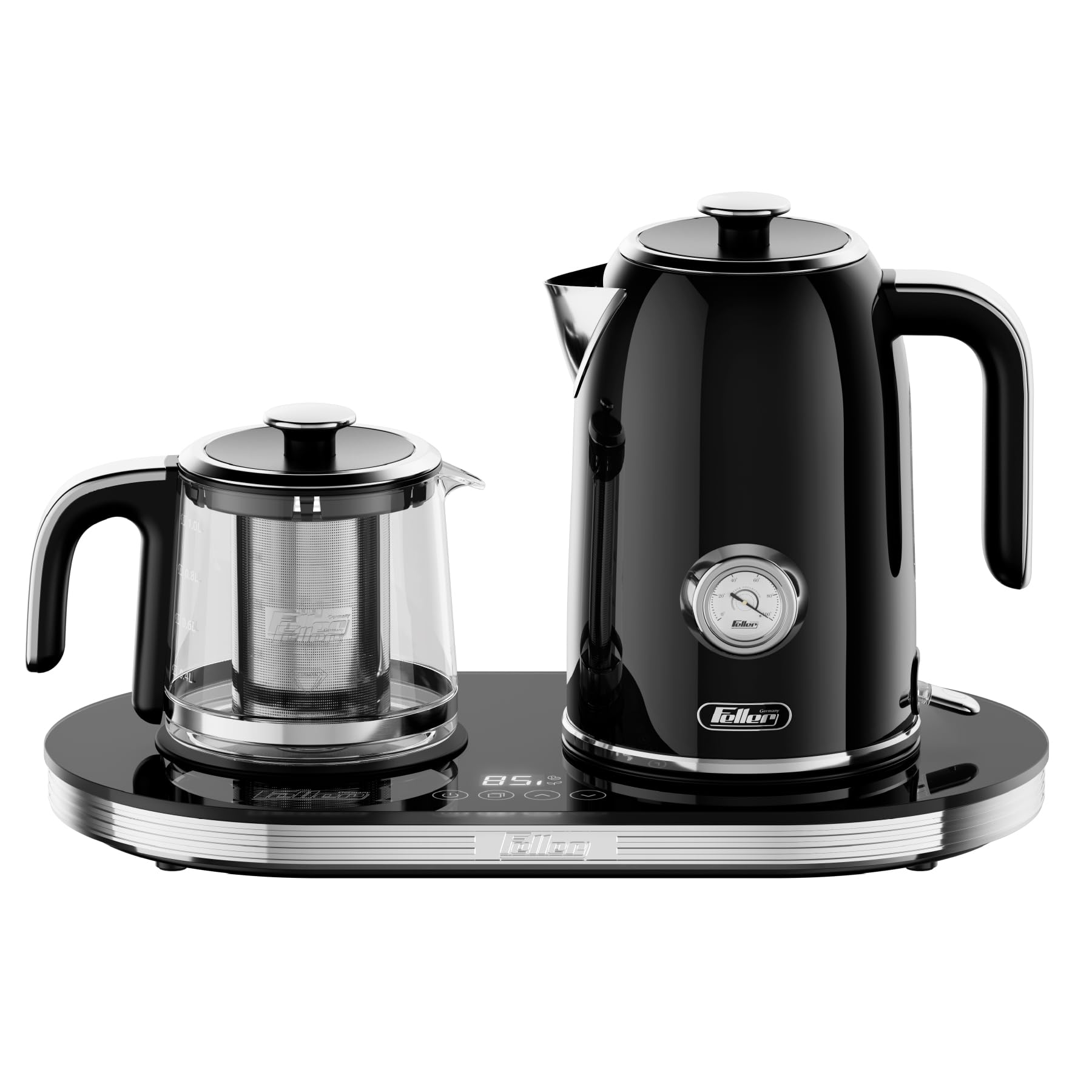 Feller Germany 2200 W 2-in-1 Retro Teamaker/Coffee Maker +1.7L Stainless Steel Electric Kettle with Strix, Adjustable Touch Teapot Temp+LED Display, TS490, 2Y Guarantee-UAE Version (Black)