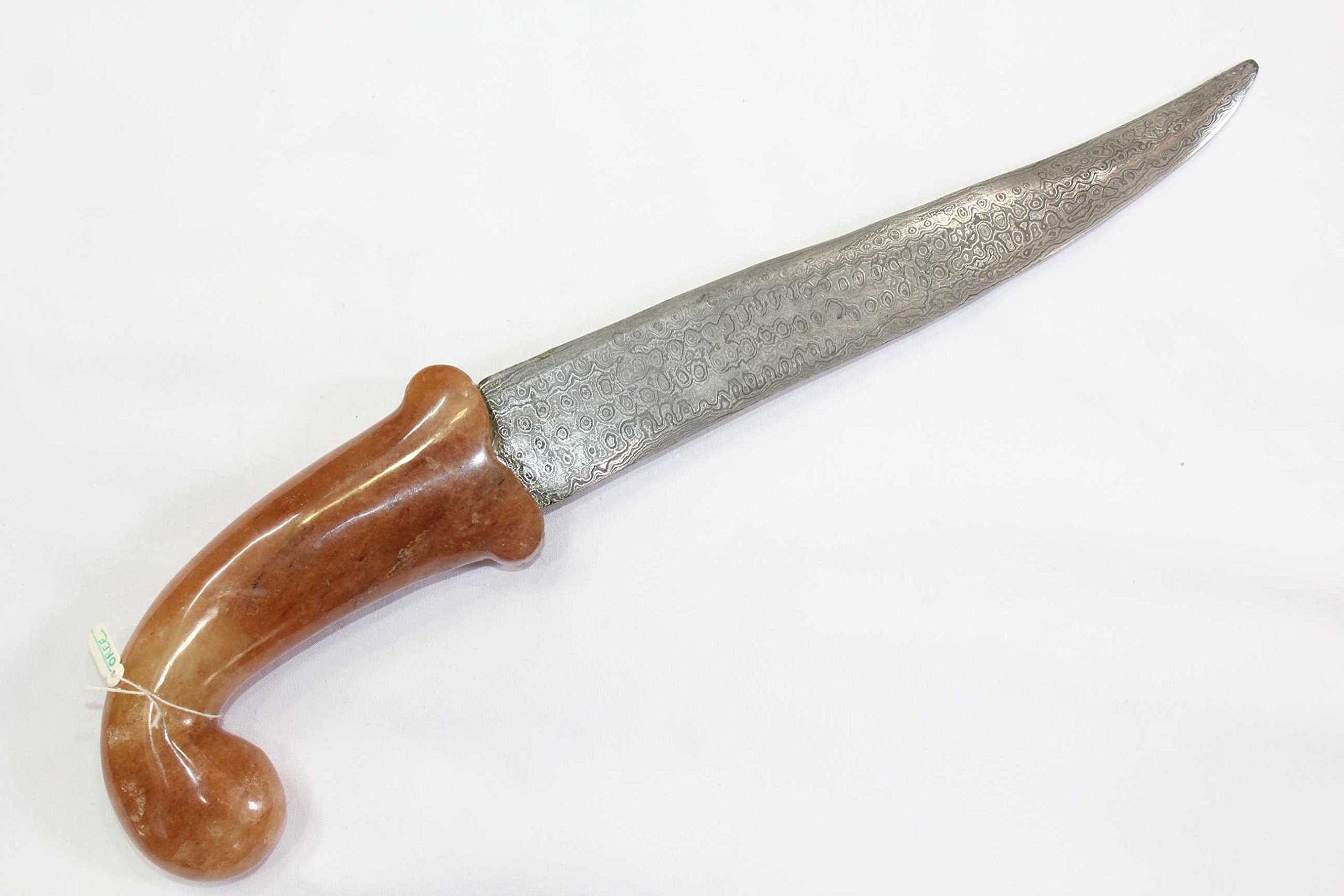 PH Artistic Dagger Knife Damascus Steel Blade Orange Jade Stone Handle Silver Koftgiri D115