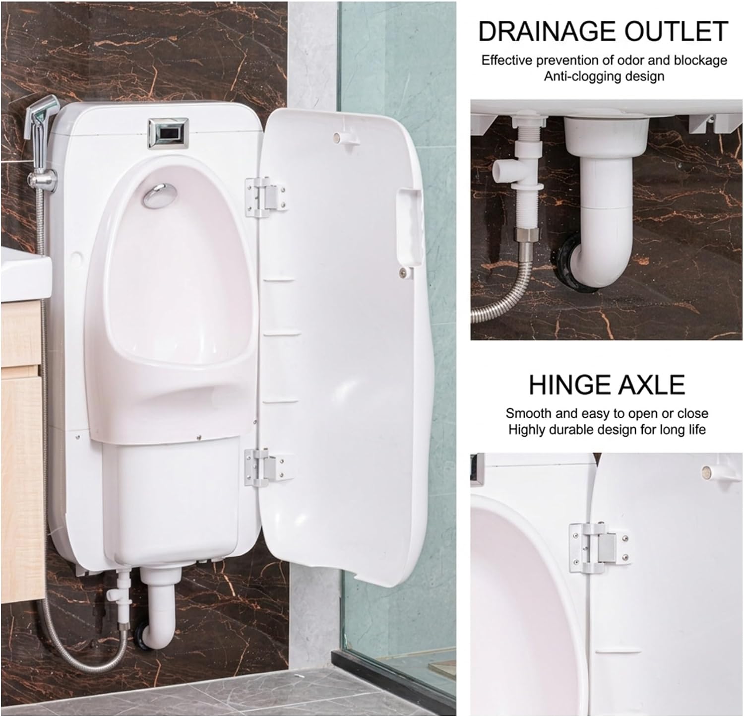 Wall Mounted ABS Urinal, Commercial Washout Urinal with Privacy Cover Door, urine diverter with Sensor Flush, Integrated Water Tank, for Garage, Workshop, Home
