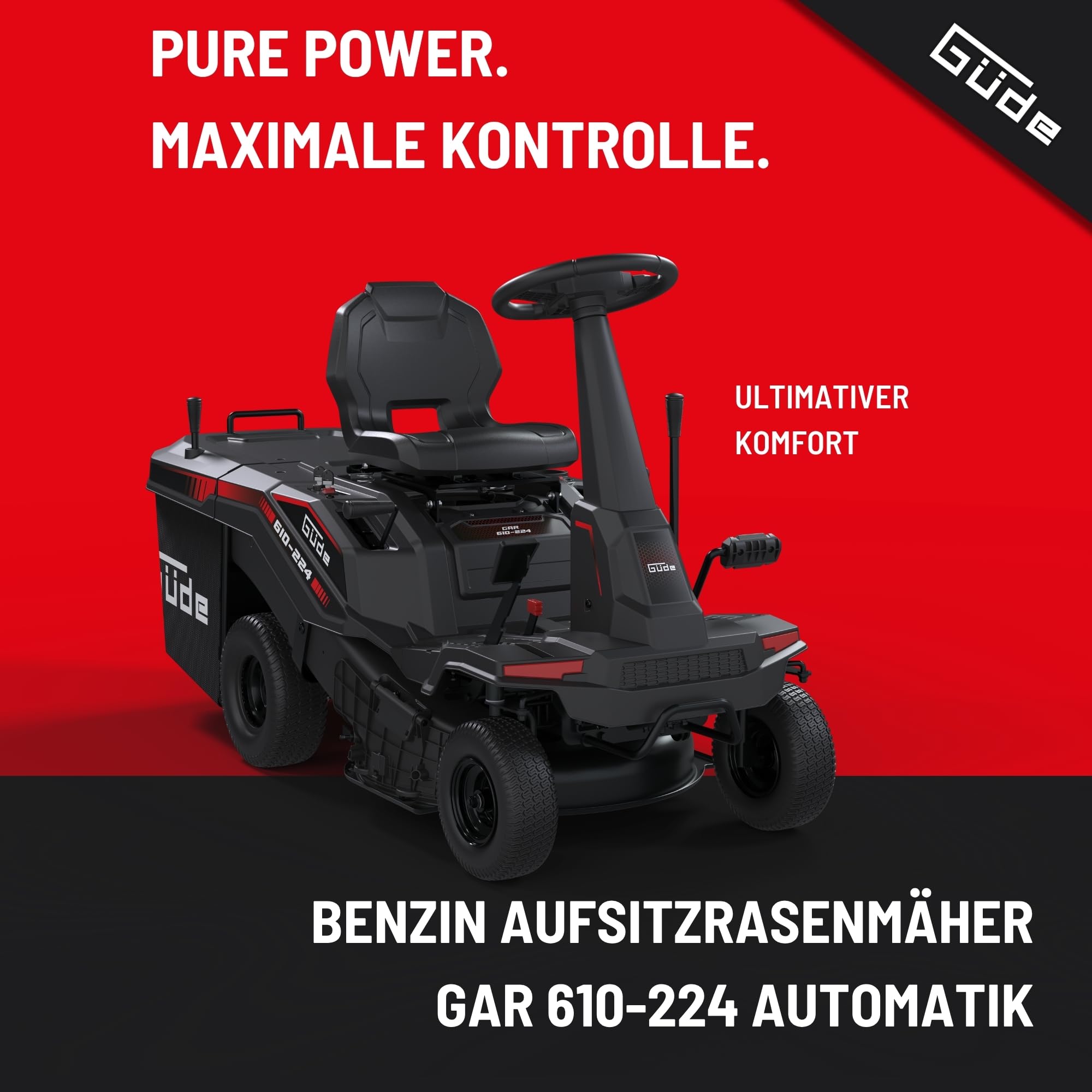 Güde GAR 610-224 Automatik Benzin-Aufsitzmäher - 4-Takt Motor, 224 Kubikzentimeter Hubraum, 4,5 Kilowatt, 6,1 PS, 61 Zentimeter Schnittbreite, stufenlose Temporegelung, Reversierstart und Elektrostart