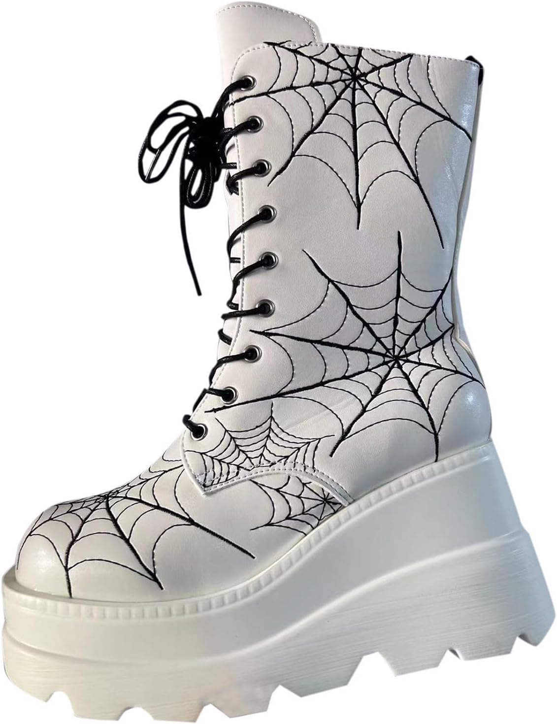 Women's Platform Mid Calf Boots Goth Lace Up Combat Boots PU Leather Spider Web Print Riding Boot Halloween Shoes