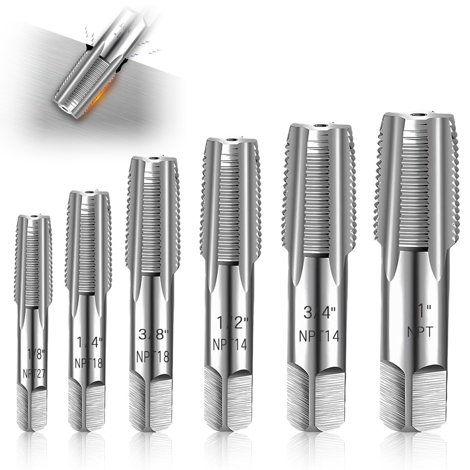 Set di 6 maschi NPT, G1/8", G1/4", G3/8", G1/2", G3/4", G1", G3/4", G1", in acciaio al carbonio, per filettature precise, NPT, set di maschi per tubi diversi meccanici