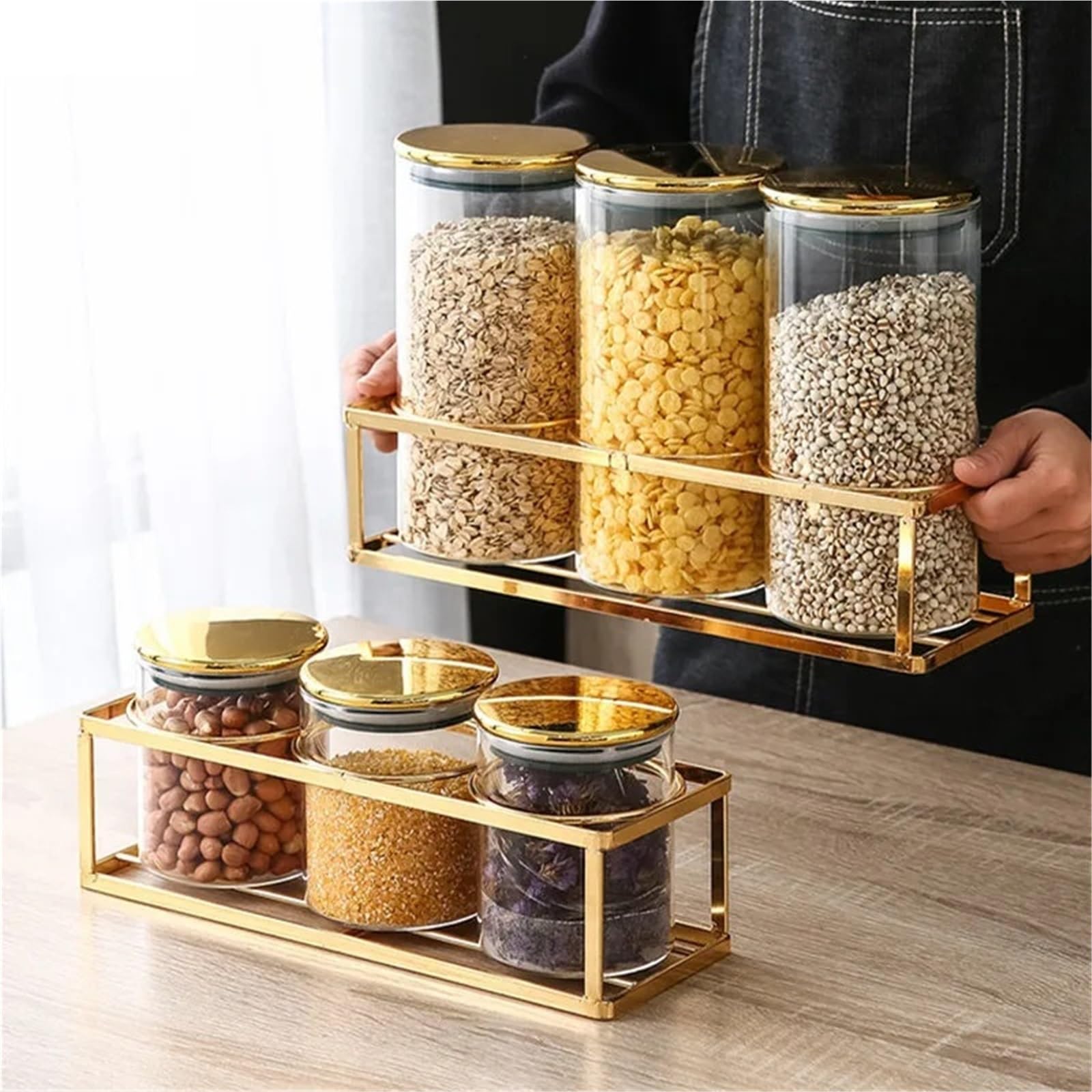 Vorratsglas Küchenglas, versiegeltes Glas mit goldenem Kunststoffdeckel, Metallboden, Lebensmittelaufbewahrungsbox, transparenter Bonbonglas-Aufbewahrungstank(S 8.5x10cm 3pcs)