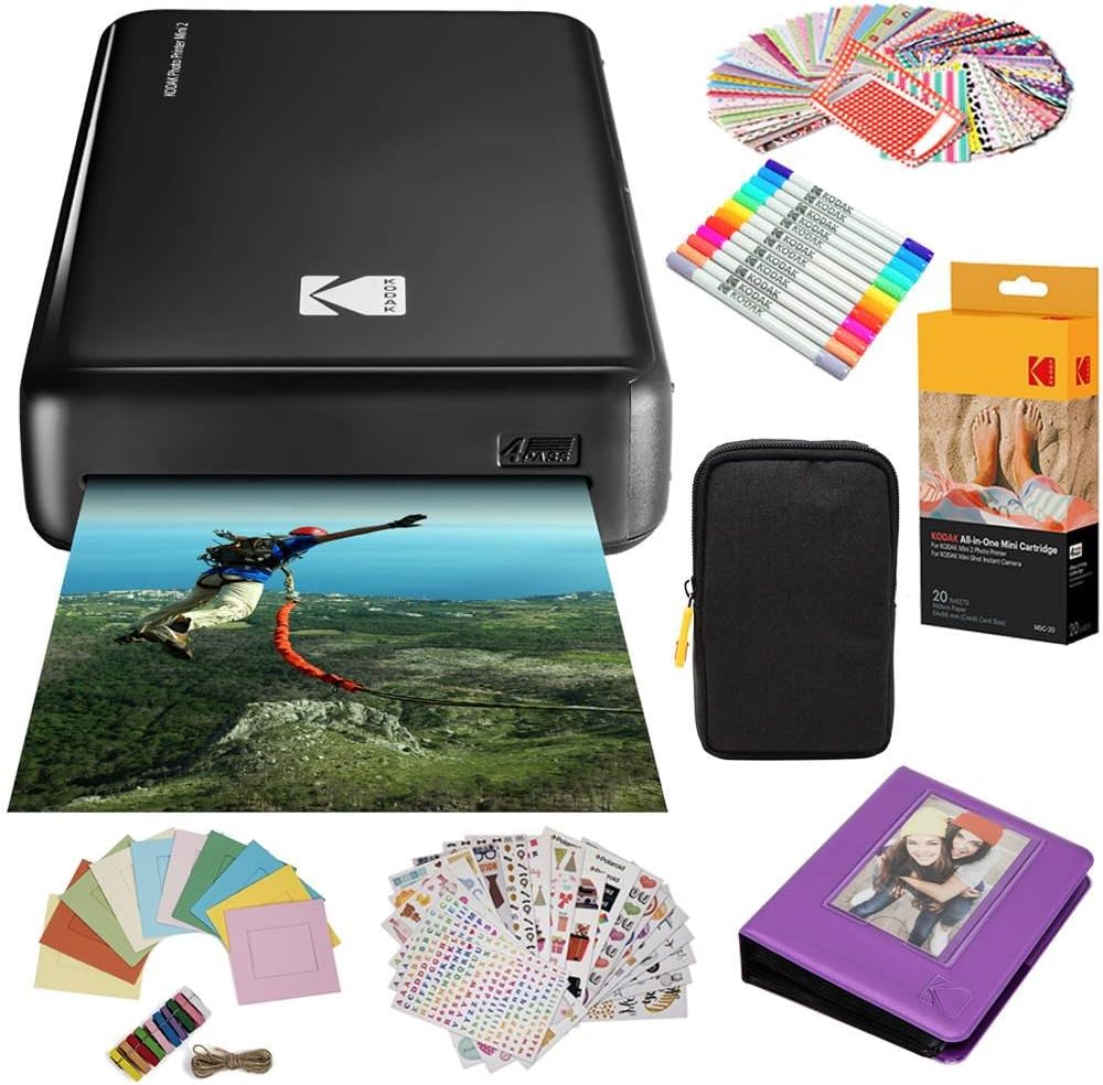 Kodak Mini2 Instant Photo Printer (Black) Gift Bundle + Paper (20 Sheets) + Deluxe Case + 7 Fun Sticker Sets + Twin Tip Markers + Photo Album + Hanging Frames