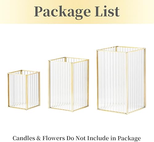 Miniatura 7 de Hewory Portavelas dorado de huracán 3 portavelas de vidrio de huracán acanalado para velas de pilar, portavelas de pilar cuadrado para centro de
